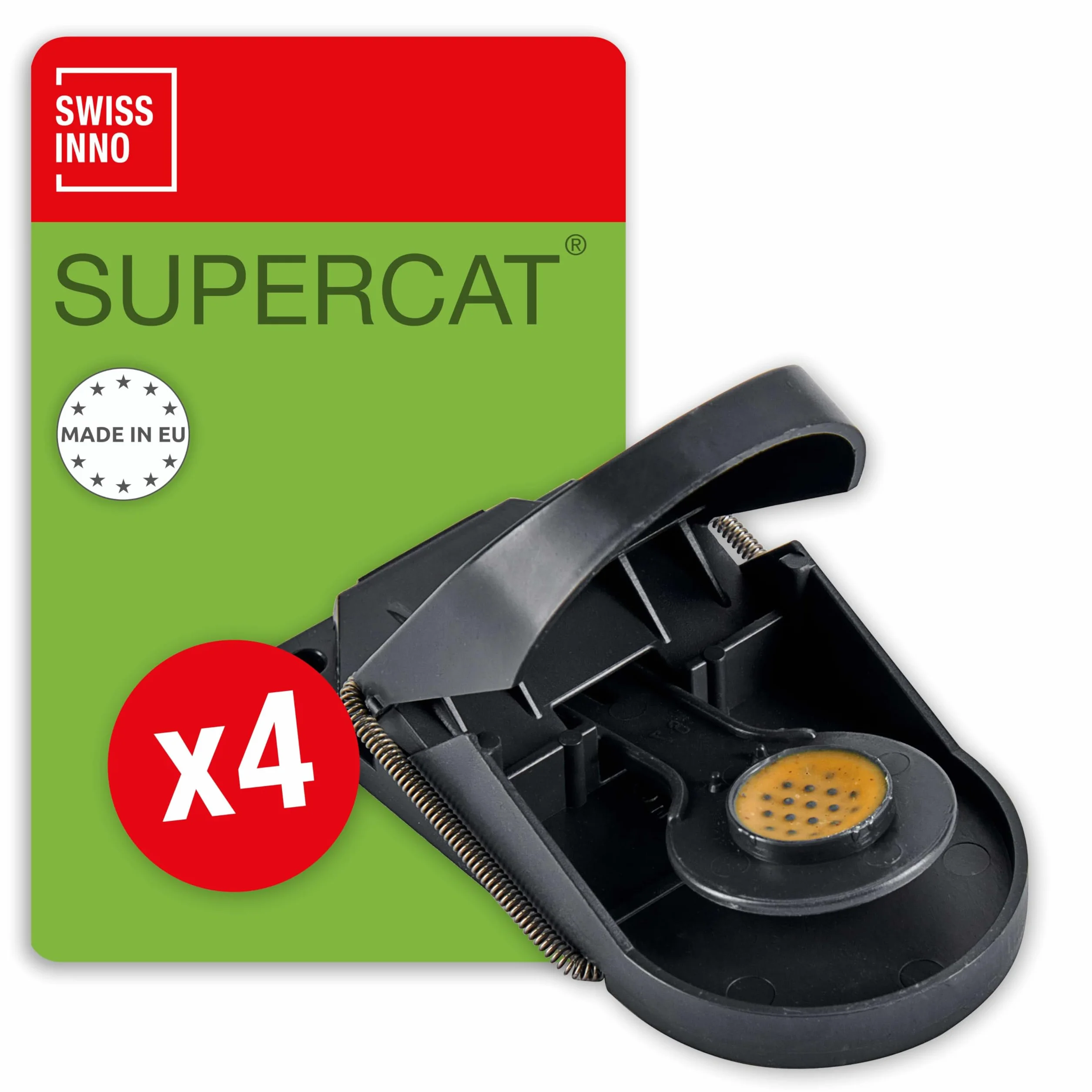 SWISSINNO Pułapka na myszy SuperCat - Skuteczna pułapka wielokrotnego użytku z przynętą masło orzechowe - Szybki chwyt - Wewnątrz i na zewnątrz - 4 sztuki