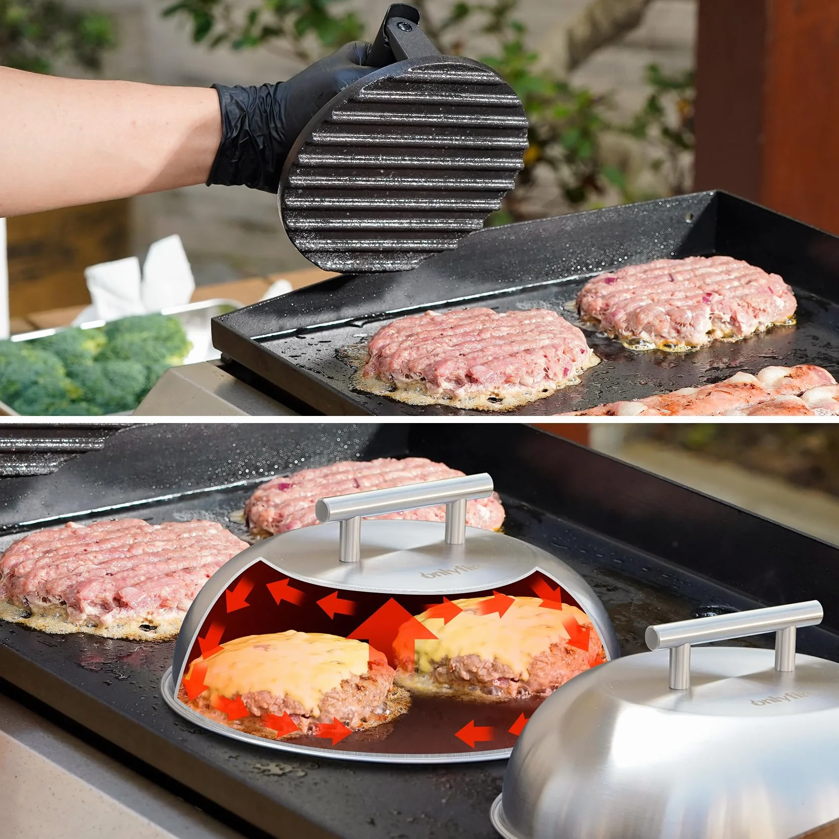 Onlyfire Set Smash Burger 3 Pièces, Presse à Burger Fonte et 2 Cloches Cuisson Acier Inoxydable, Kit Plancha Barbecue