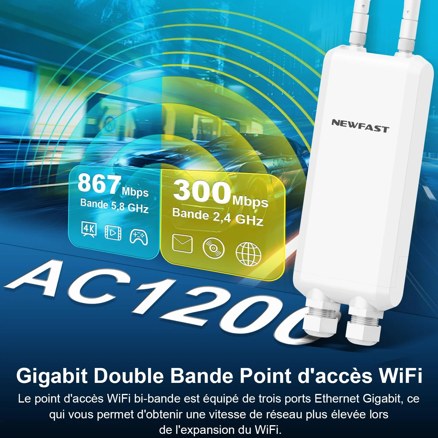 NEWFAST NF-A882 Point d'accès WiFi Extérieur AC1200 IP66 Répéteur WiFi Longue Portée Gigabit LAN/WAN Double Bande