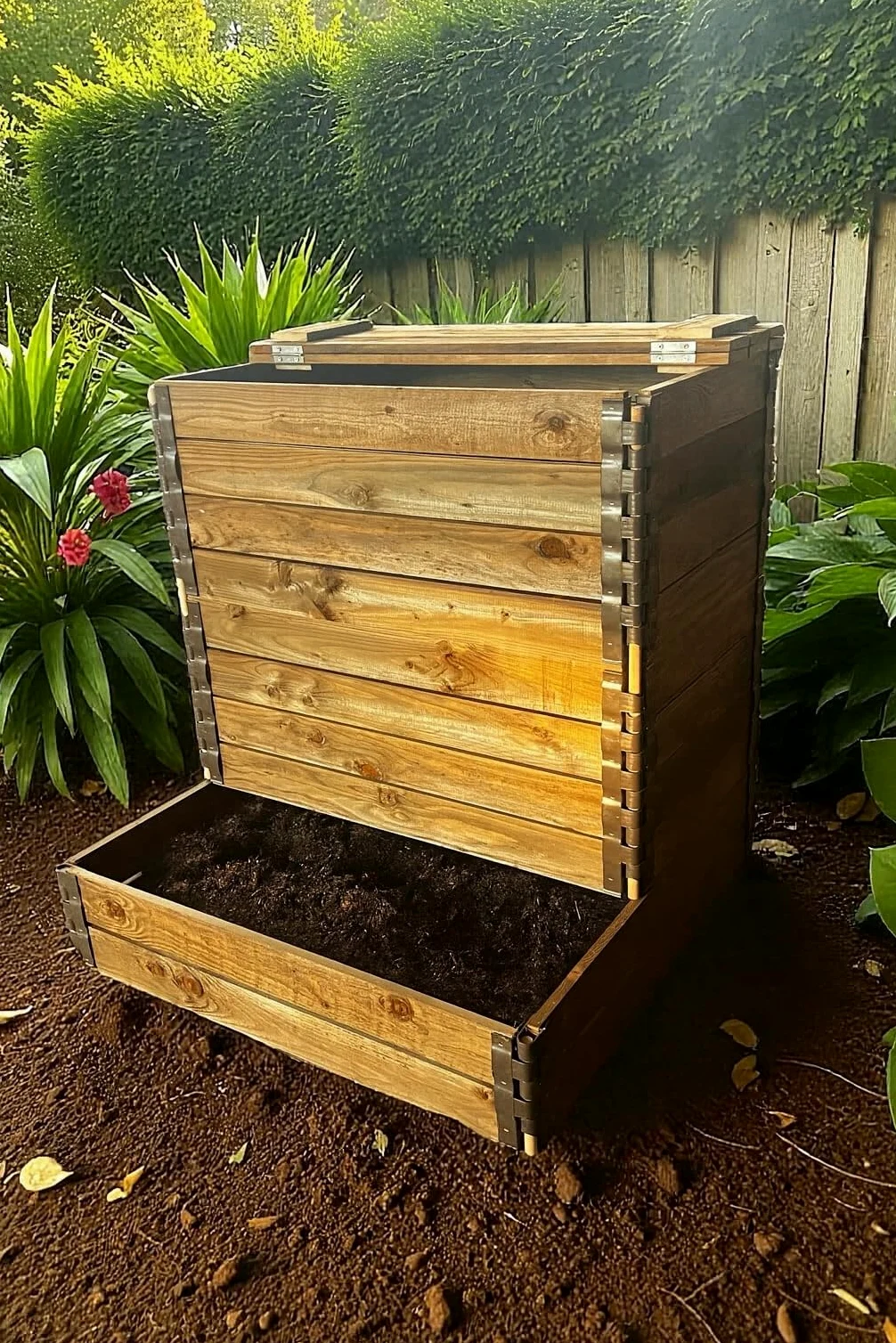 Composteur en Bois 600L en Douglas Classe 3 traité Marron avec Couvercle