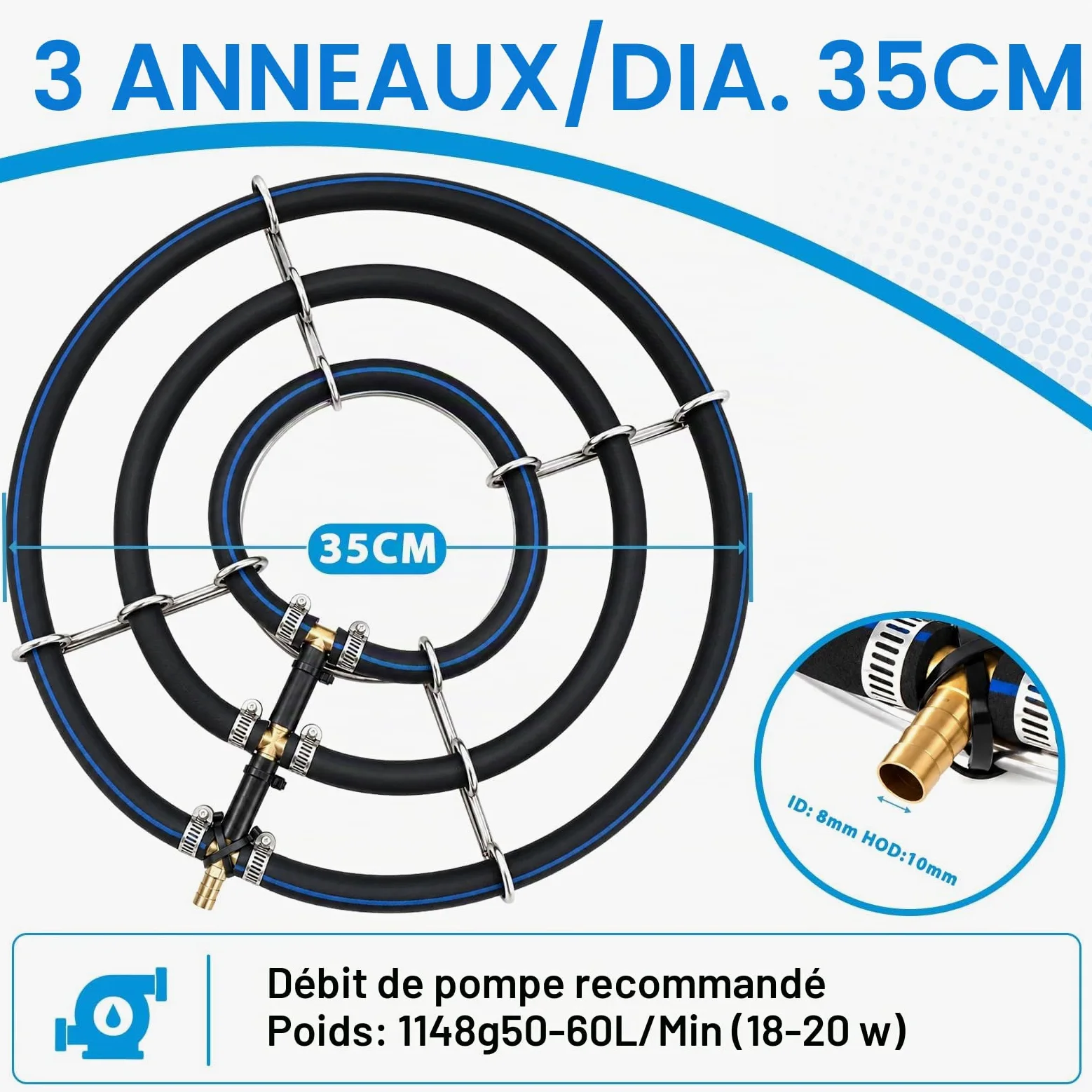Aérateur Double Anneau 35cm – Diffuseur Oxygène avec Tuyau 9mm 5m | Bulleur pour Bassin et Aquarium, Réduit les Algues et les Mauvaises Odeurs,Installation Simple au Fond sans Outillage