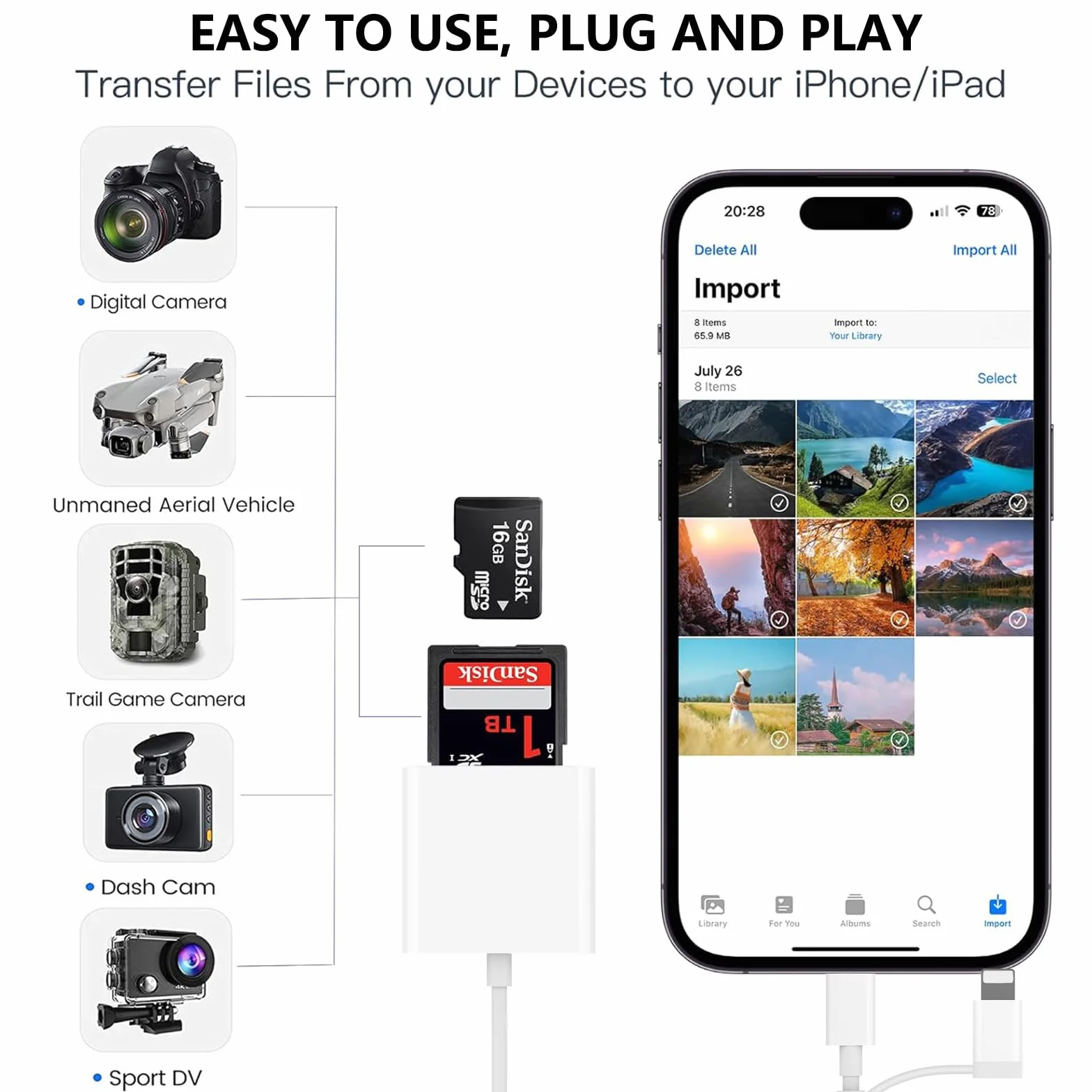 Adaptateur de lecteur de carte SD 2-en-1 iPhone Lightning certifié Apple MFi