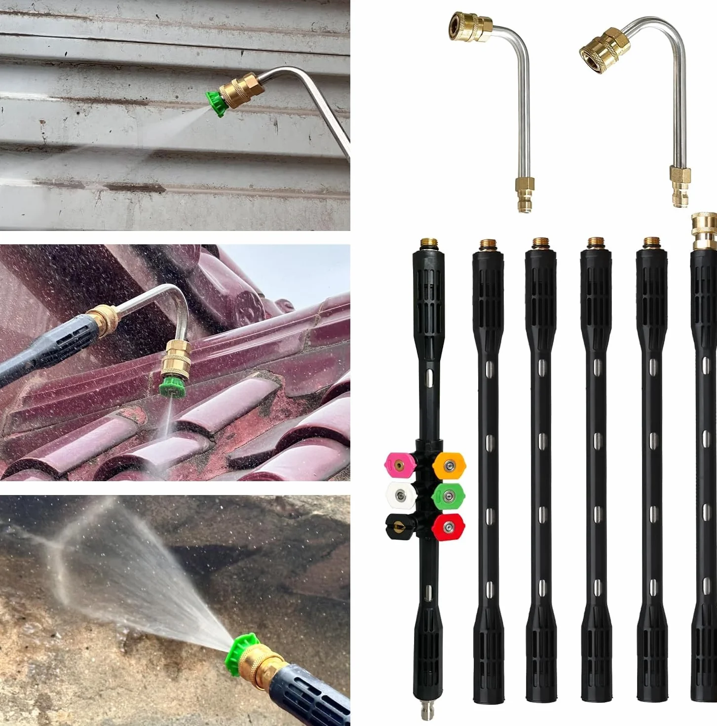 YUET Rallonge de Nettoyeur Haute Pression Avec 6 Buses de Pulvérisation | Lance d'Extension et 9 Tiges Incurvées Pour Nettoyage de Gouttière, Connexion Rapide de 1/4" Lance TéLescopique