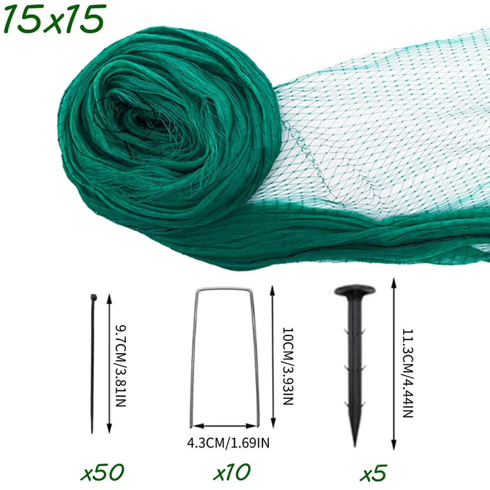 Filet Anti Oiseaux,Filet De Protection,Filet Anti Pigeon,15x 15m avec 10 Pointes en U, 5 Pointes en Plastique, 50 Attaches,Maille 6 * 6,pour Protéger Potagers Fruits Contre Dommages