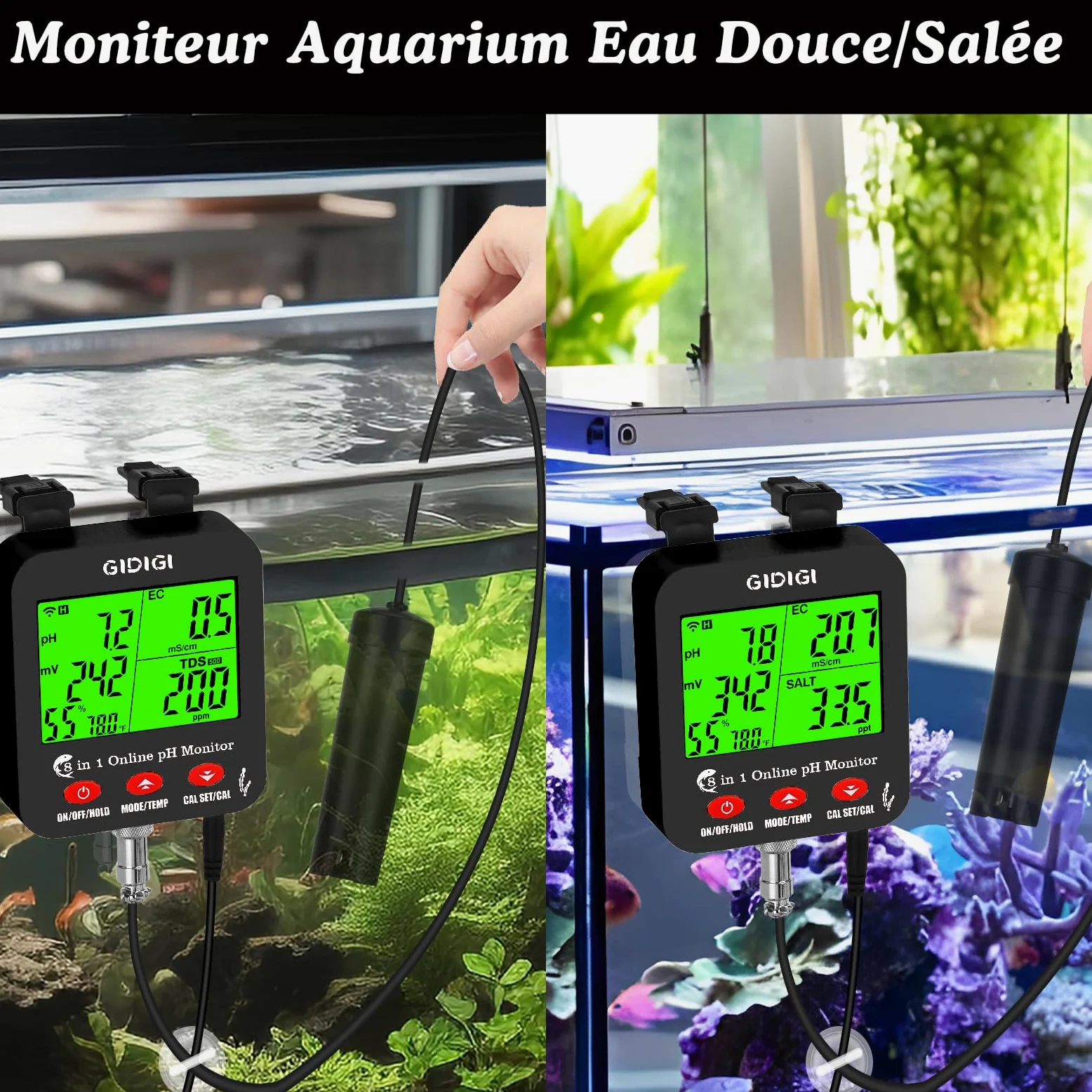 Testeur intelligent WiFi 8 en 1 de pH/EC/CF/TDS/salinité avec ORP | moniteur de nutriments hydroponiques et testeur sel et de pH pour aquariums, bassins et systèmes hydroponiques