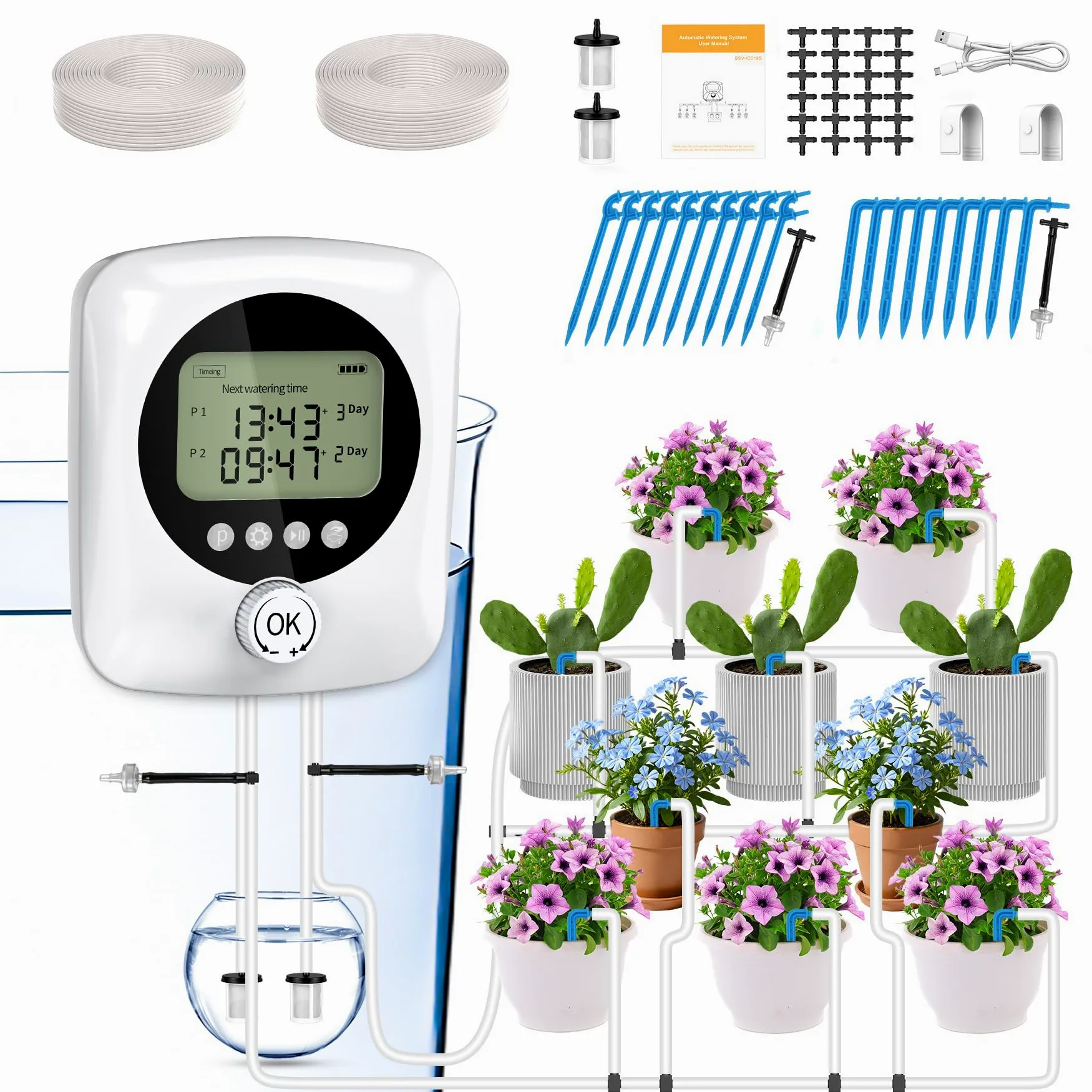 Arrosage Automatique Double Pompe Kit Goutte à Goutte Rechargeable USB-C 4400mAh, Programmateur avec Minuterie Réglable, Débit 800ML/Min, 20m Tuyau + 30 Goutteurs pour Jardin Balcon
