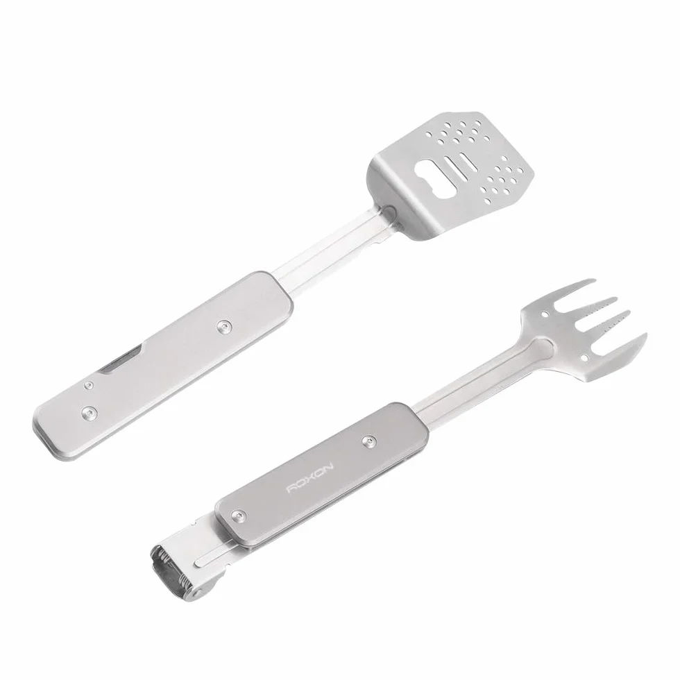 ROXON 4 in 1 Mini BBQ Barbecue Combo Tool Set with Spatula, Fork, Tongs, Bottle Opener for Hiking Camping