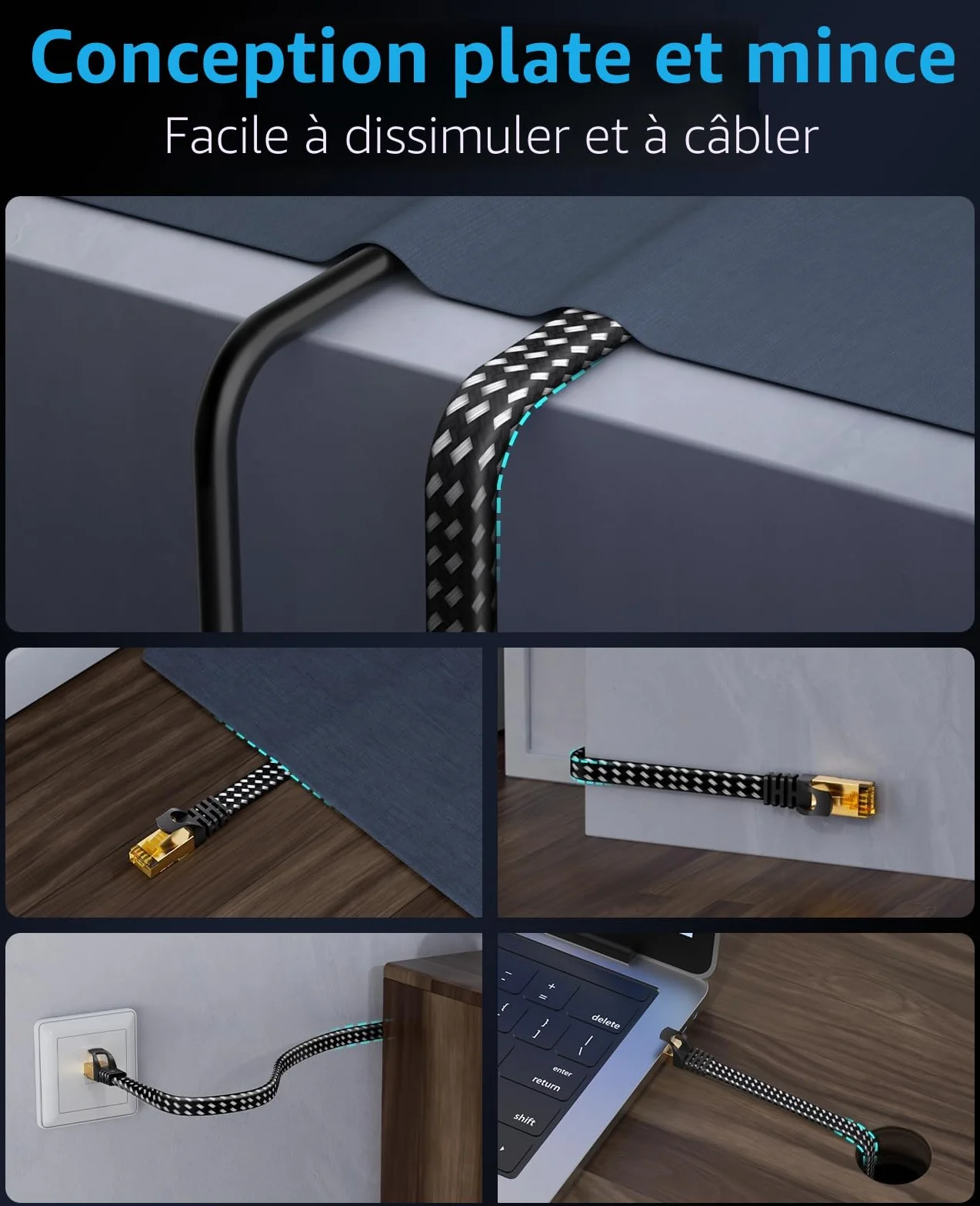 ARISKEEN Cat 8 Câble Ethernet 10M, Cat8 Tressé Plat Haut Débit 40Gbps 2000Mhz/s Gigabit Rj45 STP Câble Blindé Réseau Lan