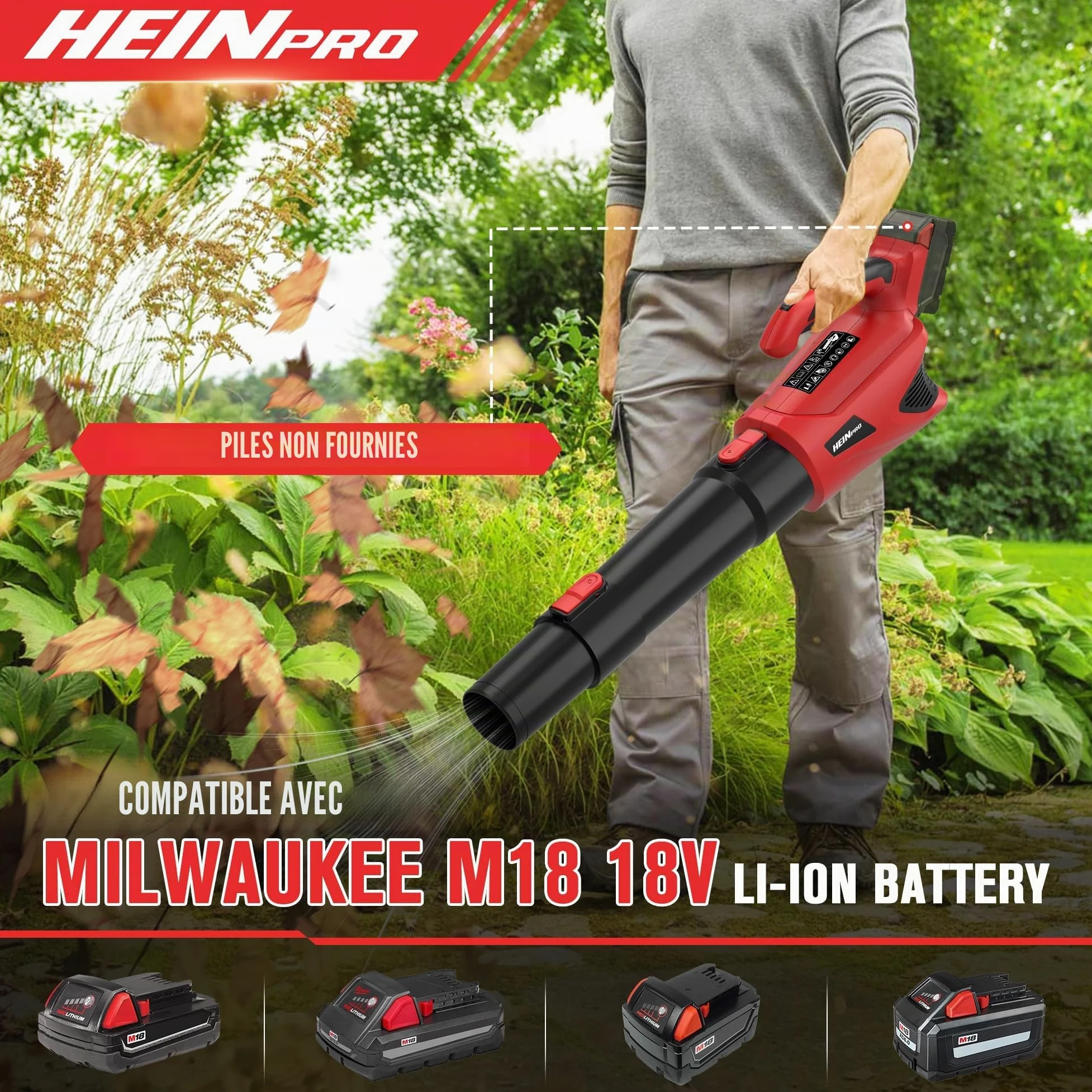 HEINPRO Souffleur de feuilles sans fil jusqu'à 500 CFM, compatible avec batterie Milwaukee M18 (outil nu), souffleur de feuilles électrique sans fil avec 5 modes de vitesse, souffleur de feuilles