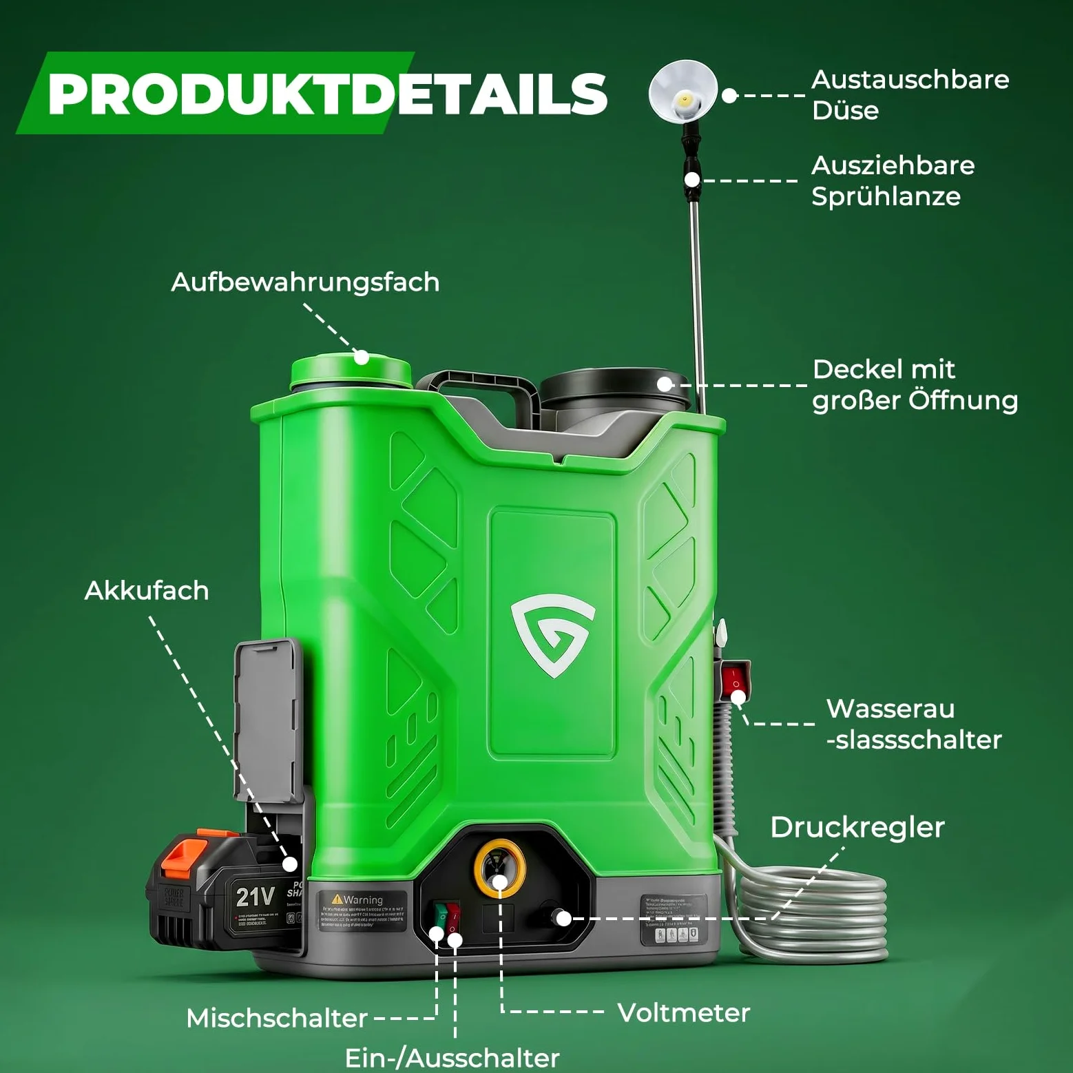 Pulvérisateur à pression sans fil 18 l avec 2 batteries 21 V 4,0 Ah, pulvérisateur arrière avec pression de 0 à 100 psi, système de mélange, 7 buses et lance télescopique, pour jardin