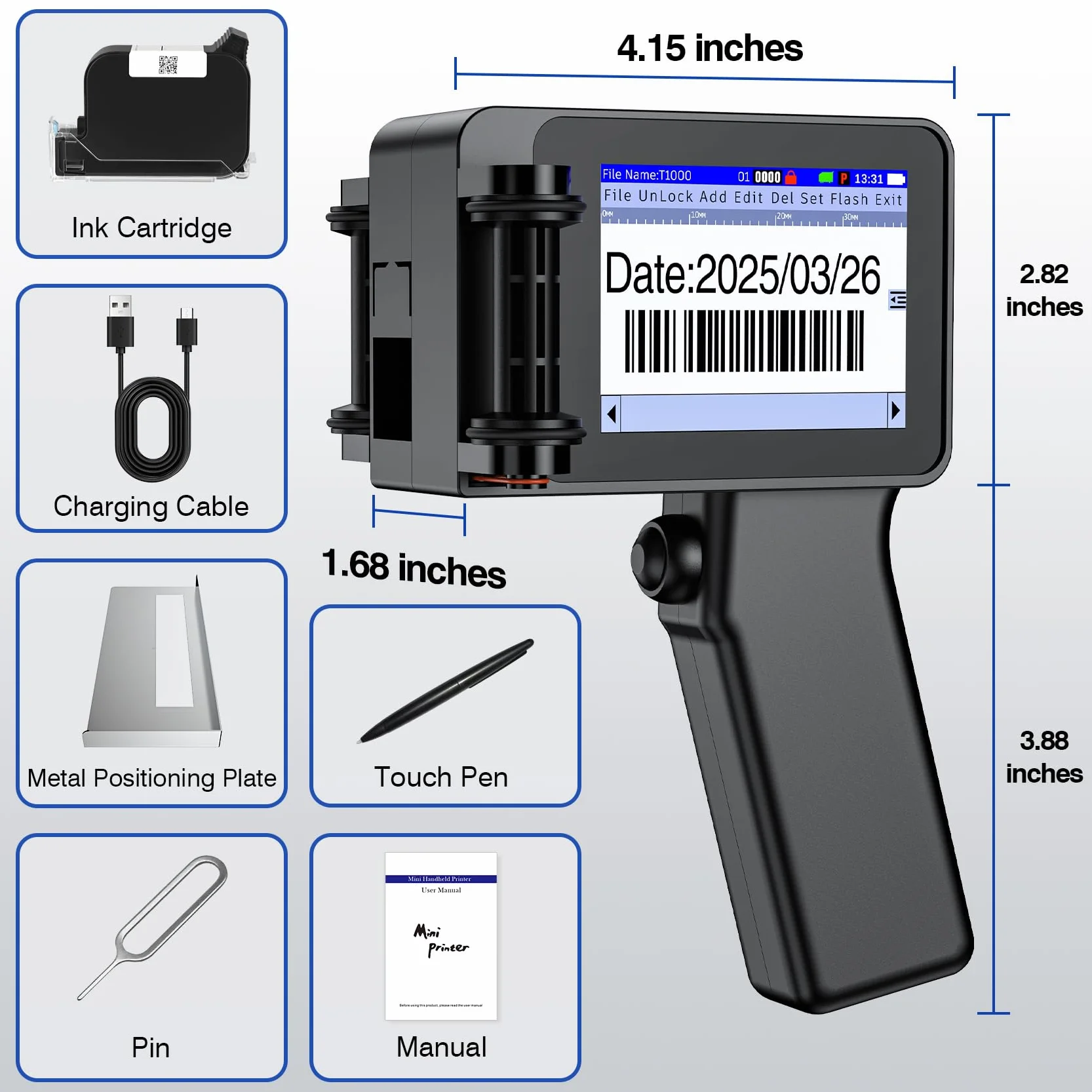 Imprimante à Jet d'encre Portable TH10 Mini 42ml Séchage Rapide Hauteur 2-12,7mm Codage Texte Date QR Code