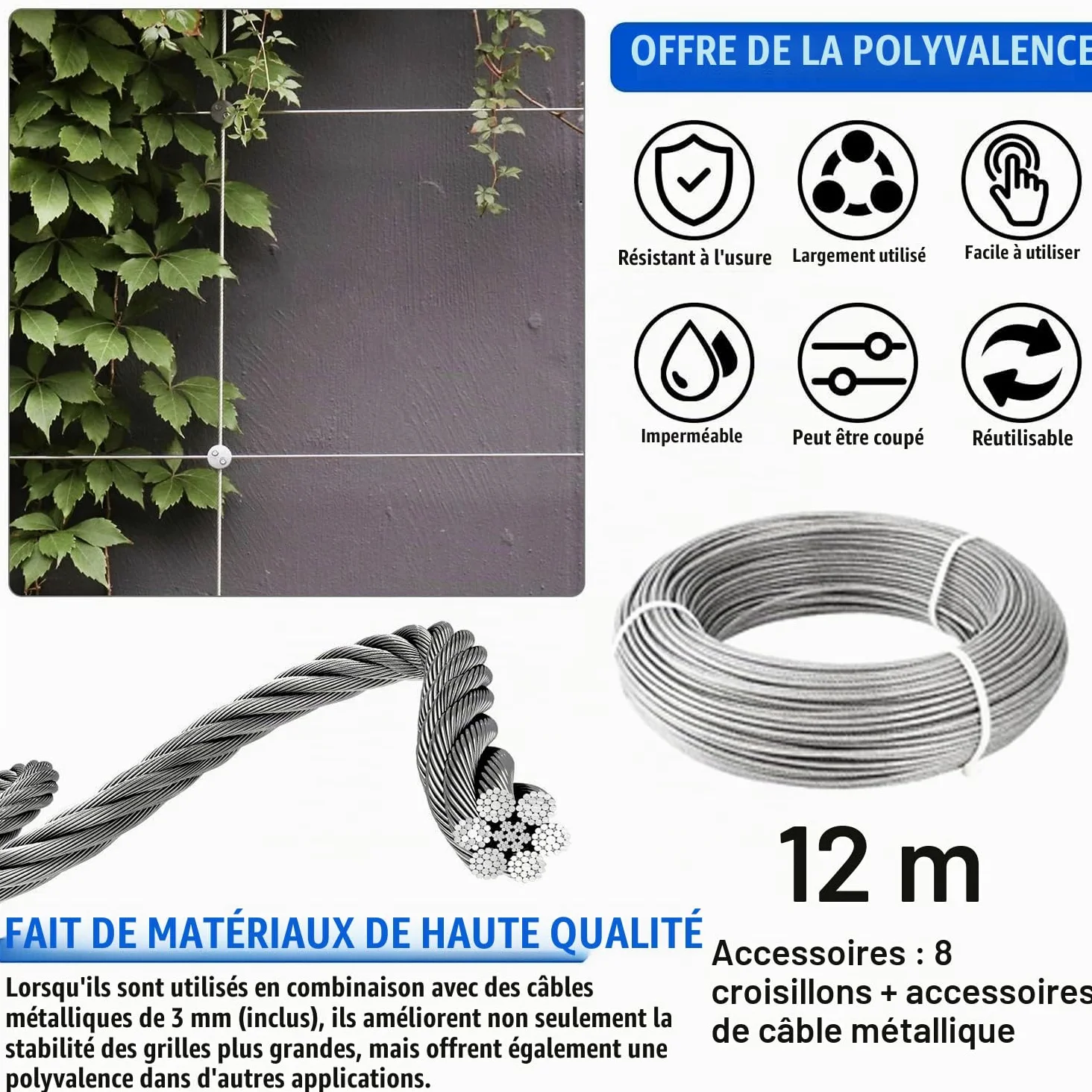 Support pour Plantes Grimpantes,Kit Palissage Plantes Grimpantes,12m,Système Professionnel Complet,Comprend Les Supports Muraux Et Le Câble en Acier De 3 mm (8 Supports,12 Mètres De Câble)