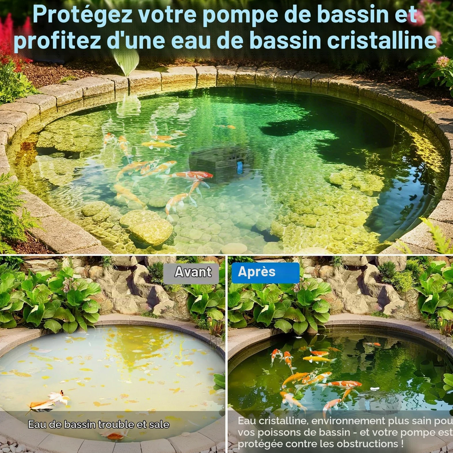 POPOSOAP Boîte de filtre de bassin pour petits étangs en plein air, purificateur d'eau avec tapis filtrants, boules bio, billes en céramique, protection de la pompe et entretien facile pour bassins