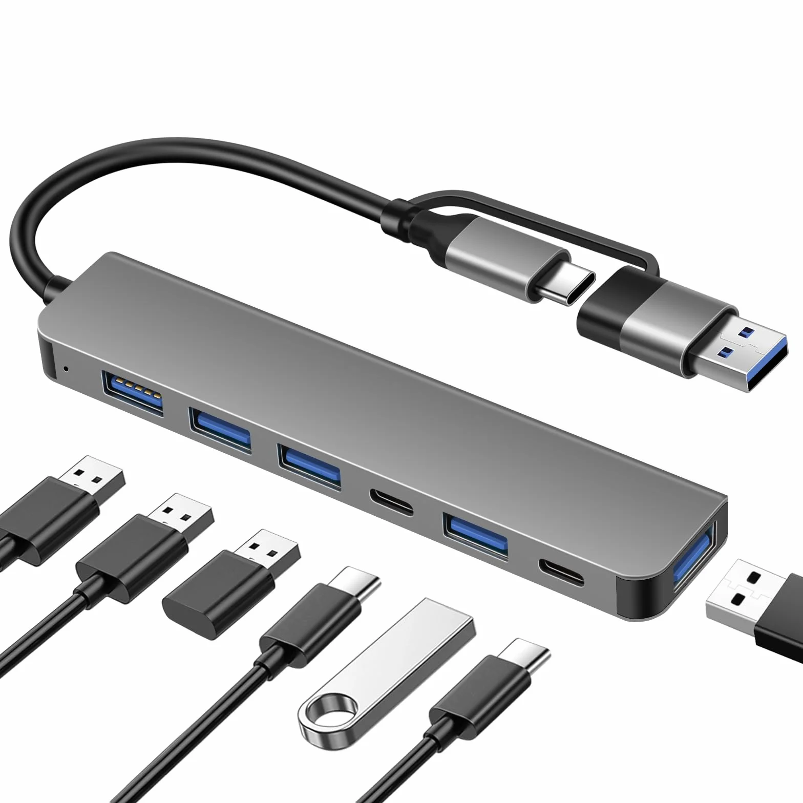 Hub USB 7-en-1 Double-Tête, Connecteur USB-A & USB-C, 1× USB 3.0, 4× USB 2.0, 2× USB-C, Adaptateur Haute Vitesse