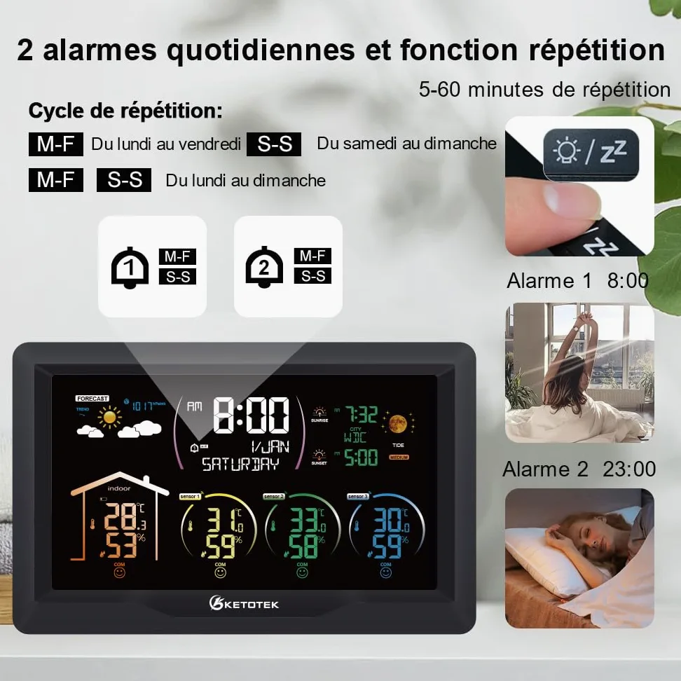 KETOTEK Station Meteo Interieur Exterieur Sans Fil Thermometre Hygrometre | avec 3 Capteurs 7,5" VA LCD Affichage Baromètre, Prévisions Météorologiques, Réveil, Lever et coucher du soleil