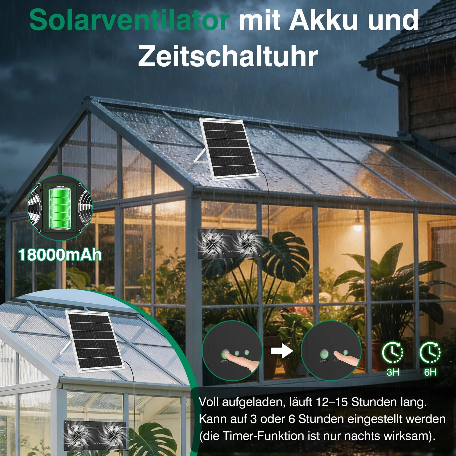 Ventilateur solaire 40W 18000mAh 3500tr/min avec batterie minuterie étanche silencieux pour poulailler serre abri