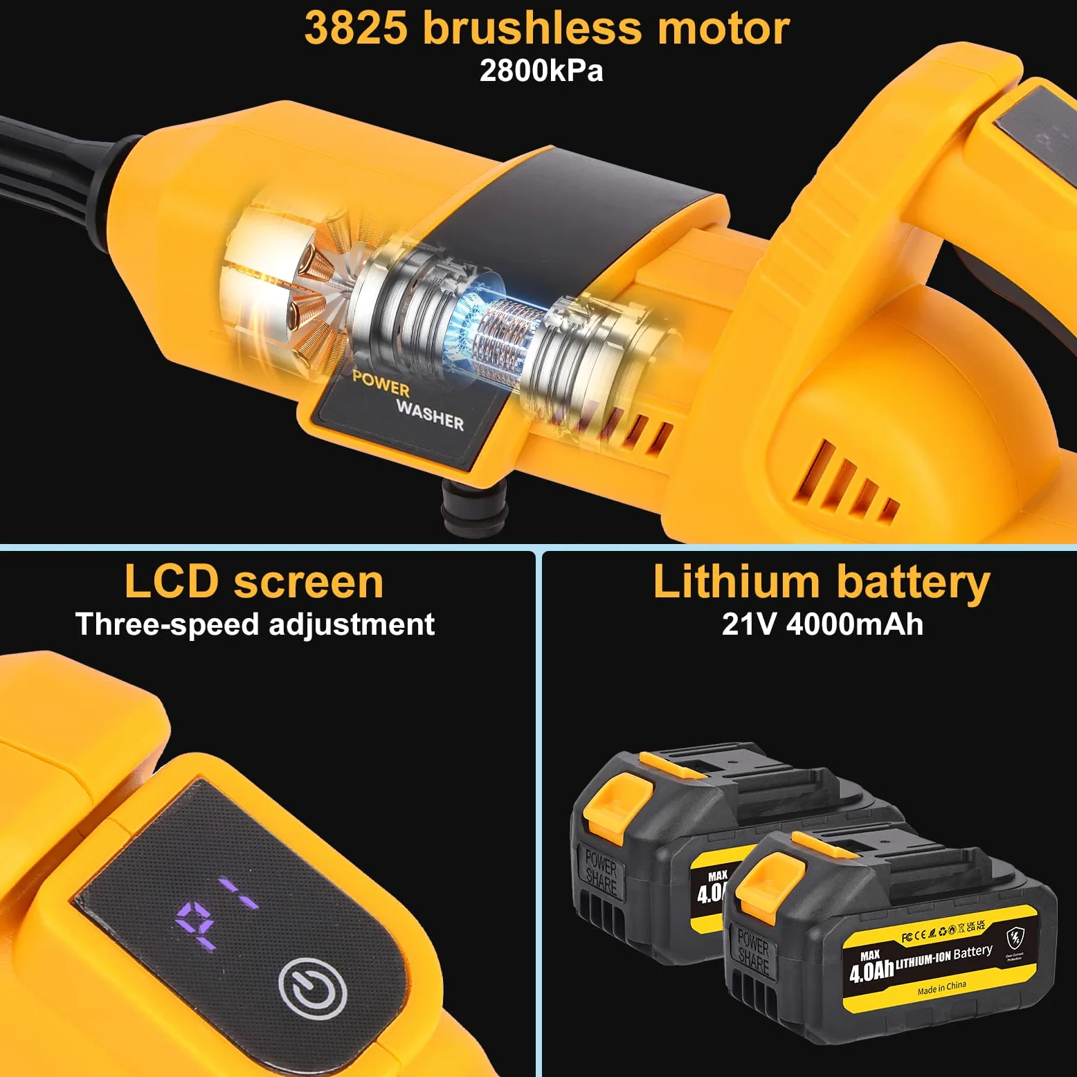 Nettoyeur Haute Pression sans Fil 320W: Nettoyeur Haute Pression avec 2 Batteries 3000mAh, Portable Rechargeable 2.8 Bar, 6 Buses Réglables, Tuyau 5m, Réservoir Mousse pour Voiture Jardin Terrasse