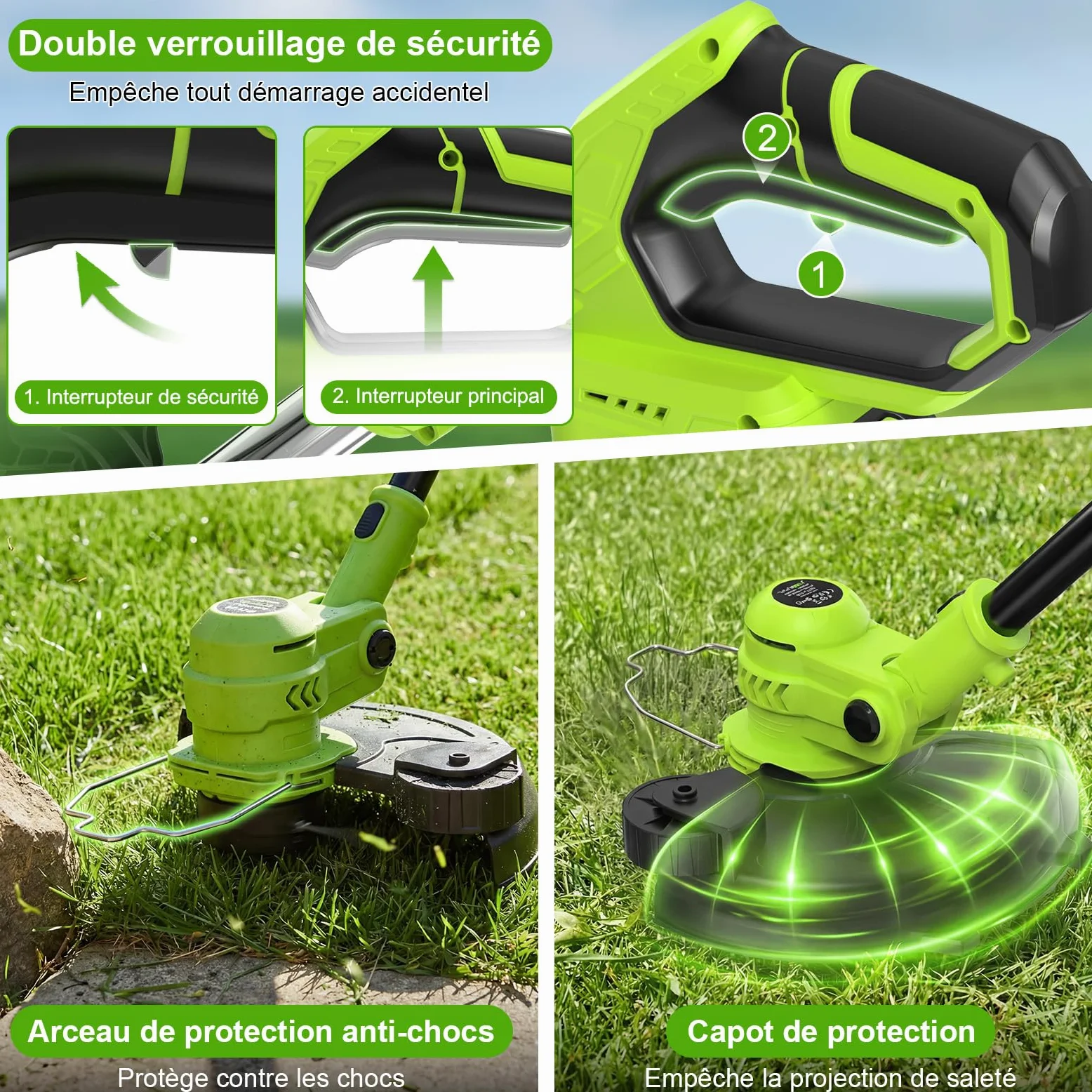 VOERJIA Débroussailleuse Électrique sans Fil 21V avec Écran LCD, Coupe-Bordure à Roues (30cm), Avancement Automatique du Fil, 8 Bobines Incluses, Tête Réglable et Multifonction. (Set Jardin Pro)