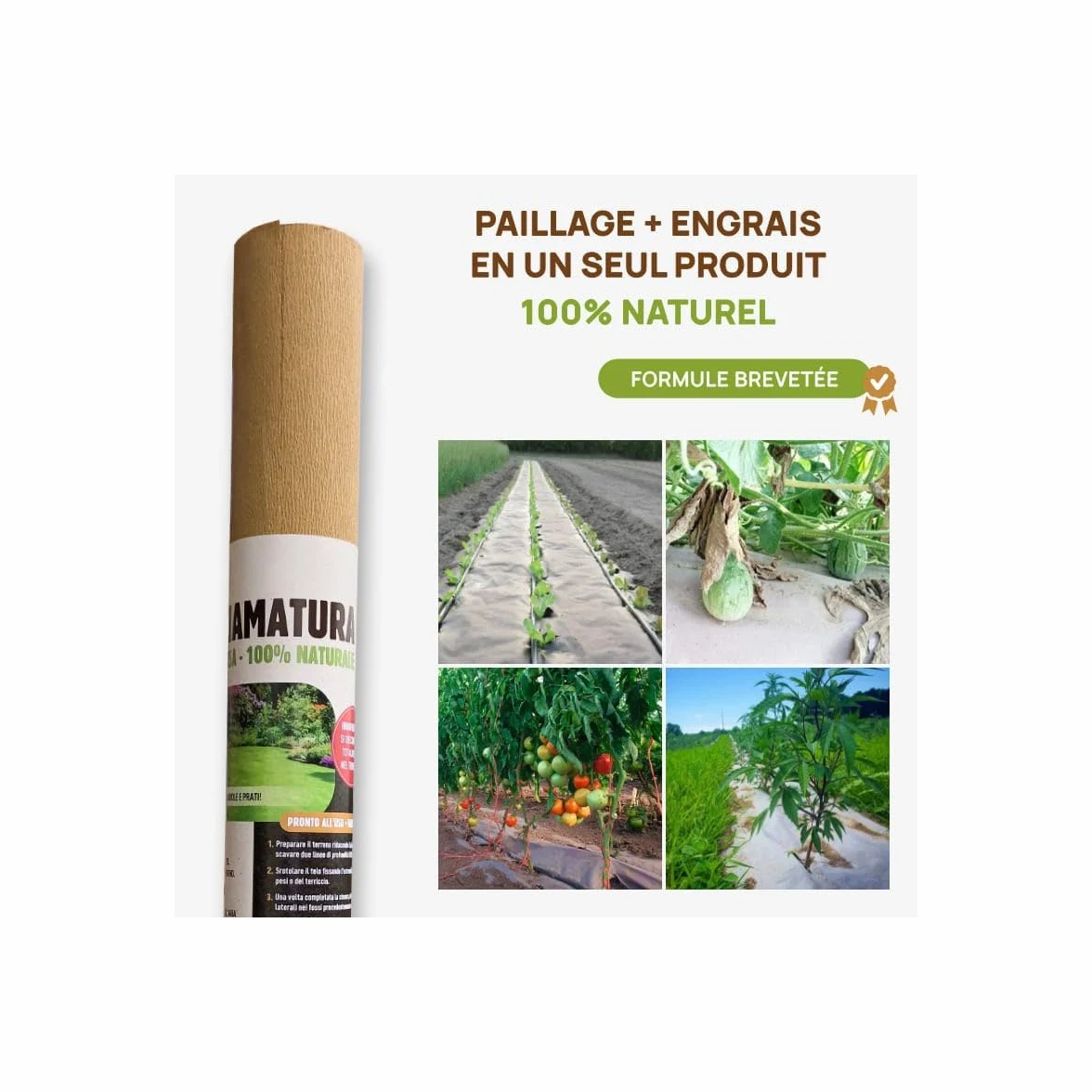 Toile de paillage Agricole 0.4 x 100m Autodégradable 2en1 Engrais et Anti Mauvaises Herbes 100% Cellulose