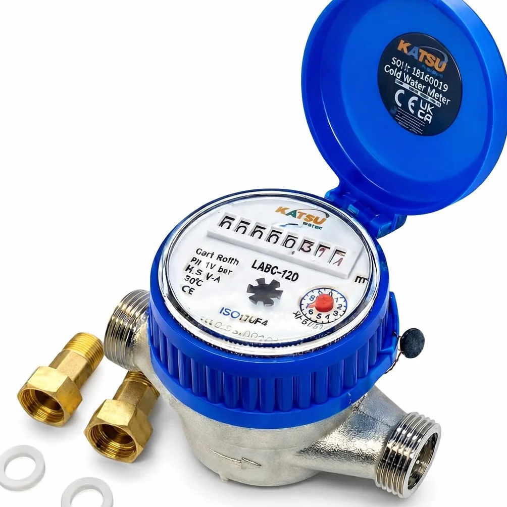 KATSU Compteur d'Eau Froide 13 mm Plastique ABS avec Raccords en Laiton Compteur à Sec