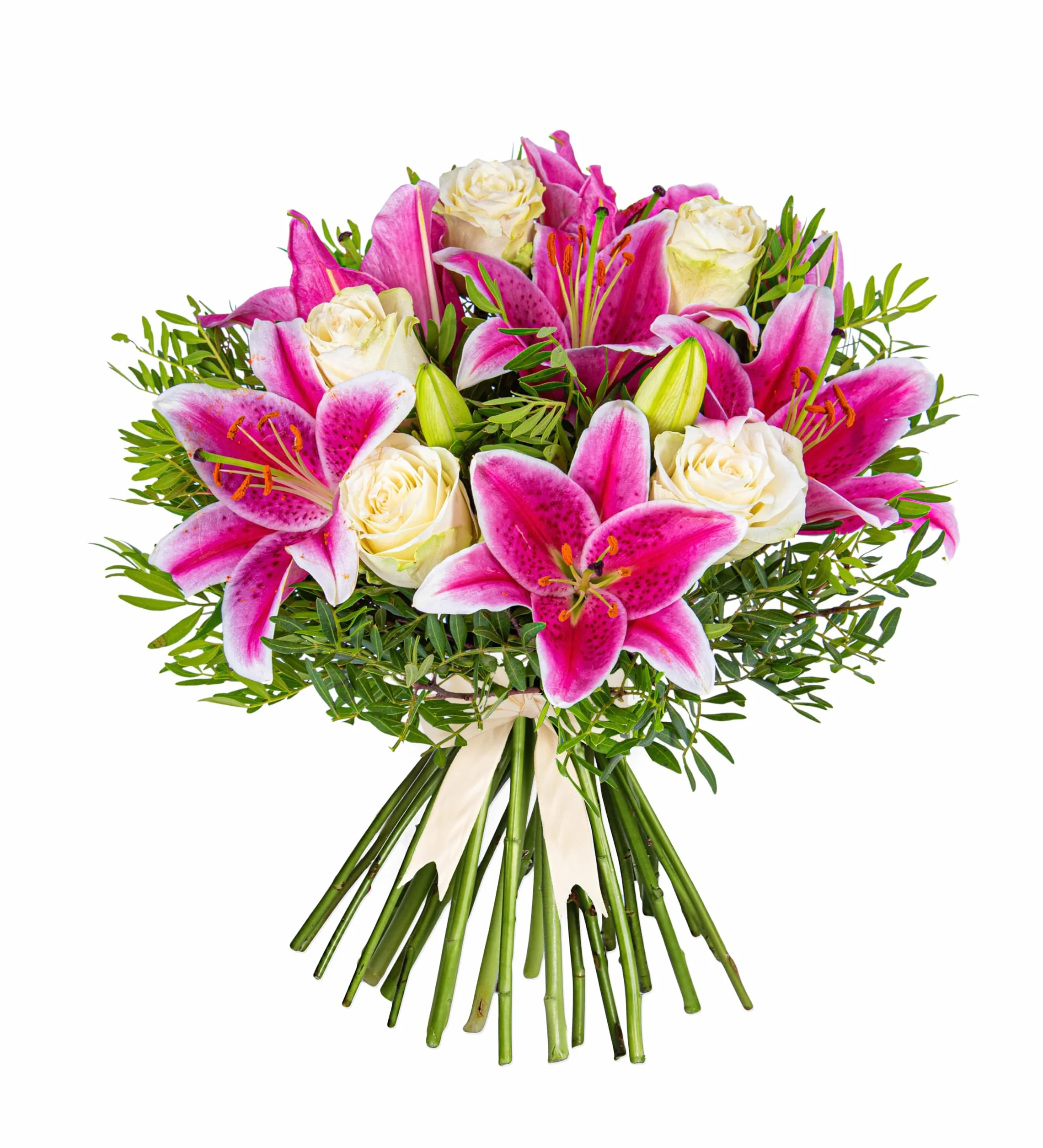 Lys et Roses - Composition florale fraîche livrée à la main - Cadeau élégant