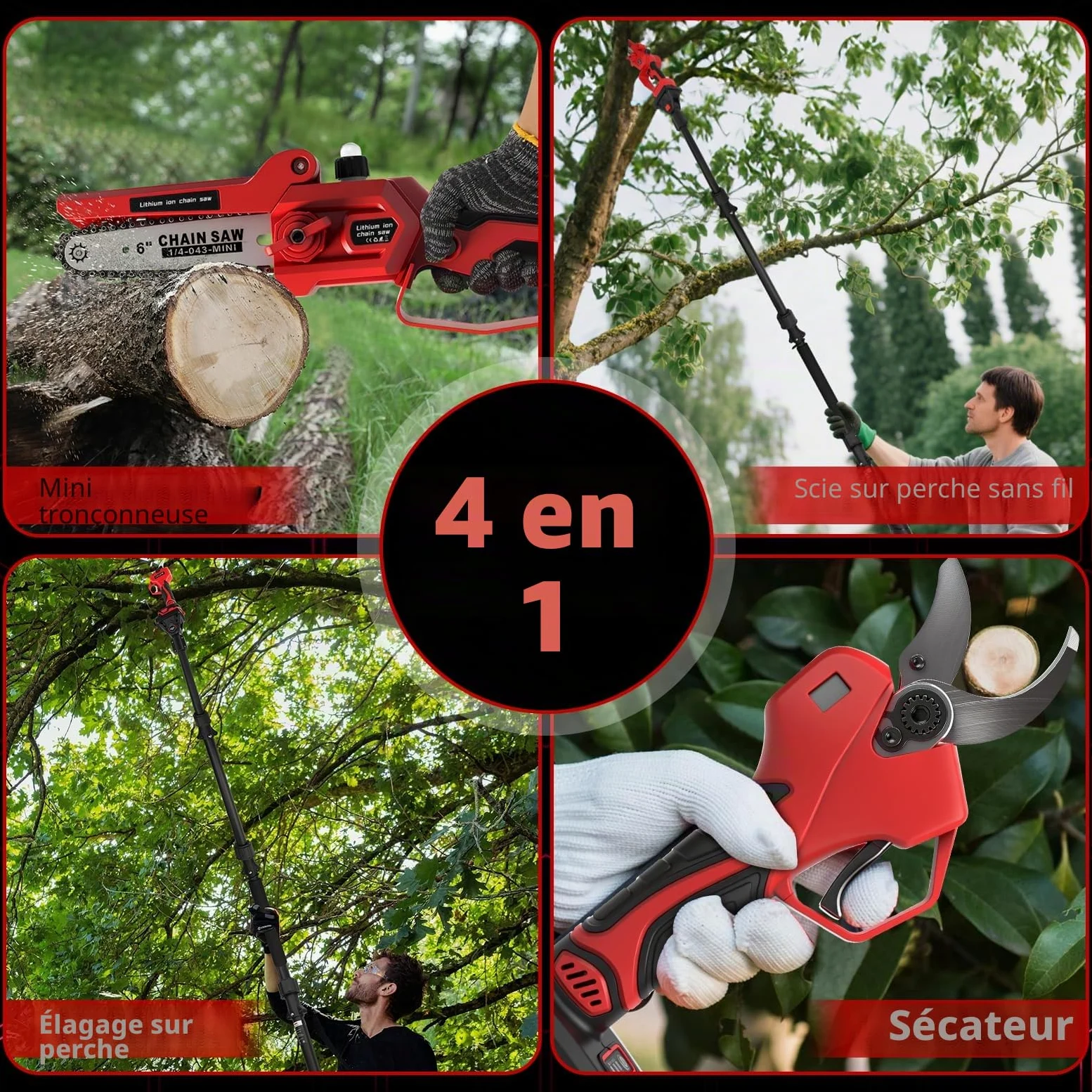 Mini Tronconneuse avec Perche 6 Pouces & Secateur Electrique Telescopique 55 mm, 4 en 1 Élagueuse sur Perche avec 2 * 2000 mAh Batteries, Portée Maximale 4,5 m