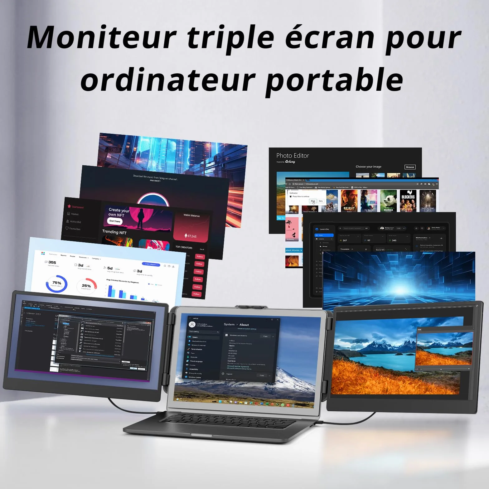 Double Ecran PC Portable 14" FHD 1080P IPS Moniteur Portable Extension pour 13,3-17" Ordinateur Portable Compatible Windows Chrome Linux