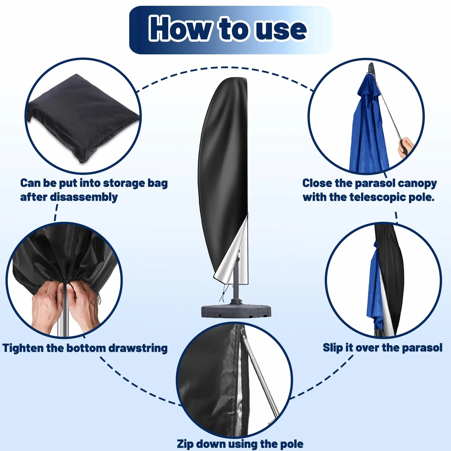Housse de Parasol Déporté, Anti-UV, 420D Imperméable avec Fermeture éclair, Perche Télescopique, 265CM
