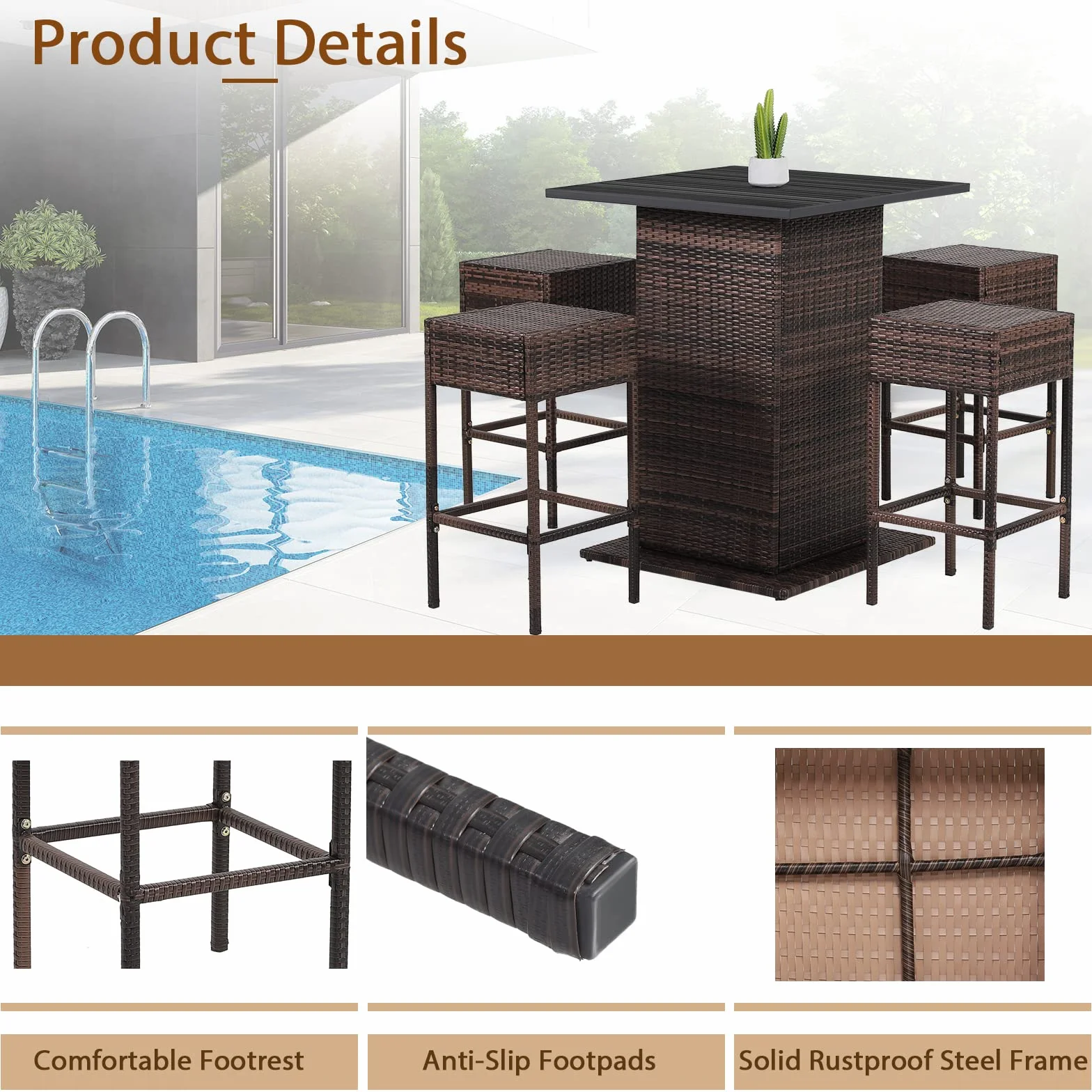 GIANTEX Ensemble de bar extérieur en rotin 5 pièces, table et 4 tabourets hauts avec coussins amovibles