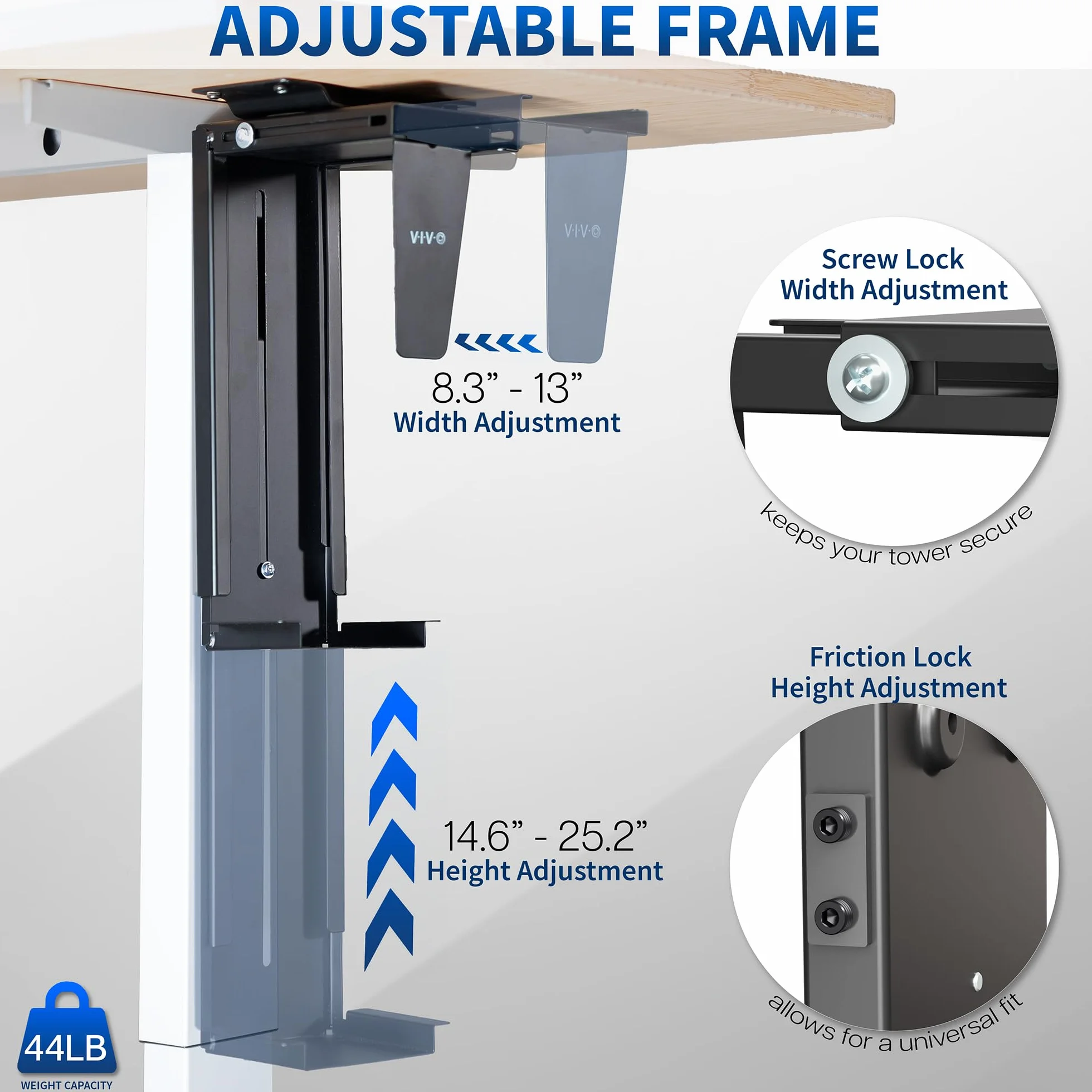 Vivo MOUNT-PC01L Support PC réglable Bureau Mur, Support CPU pivotant Verrouillage sécurisé Noir