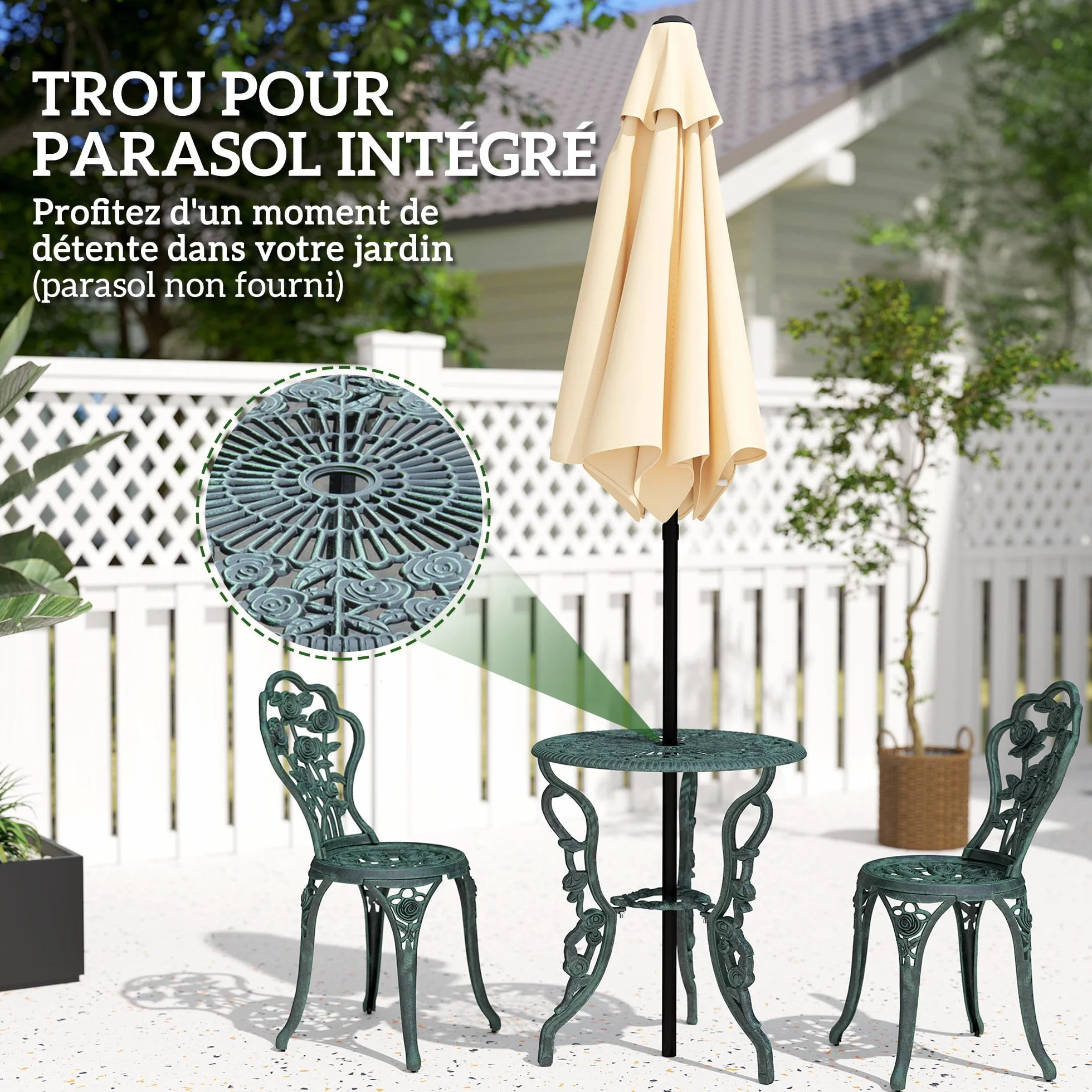 Outsunny Ensemble Salon de Jardin 2 Places Table Ronde Fonte d'Aluminium Vert Vieilli