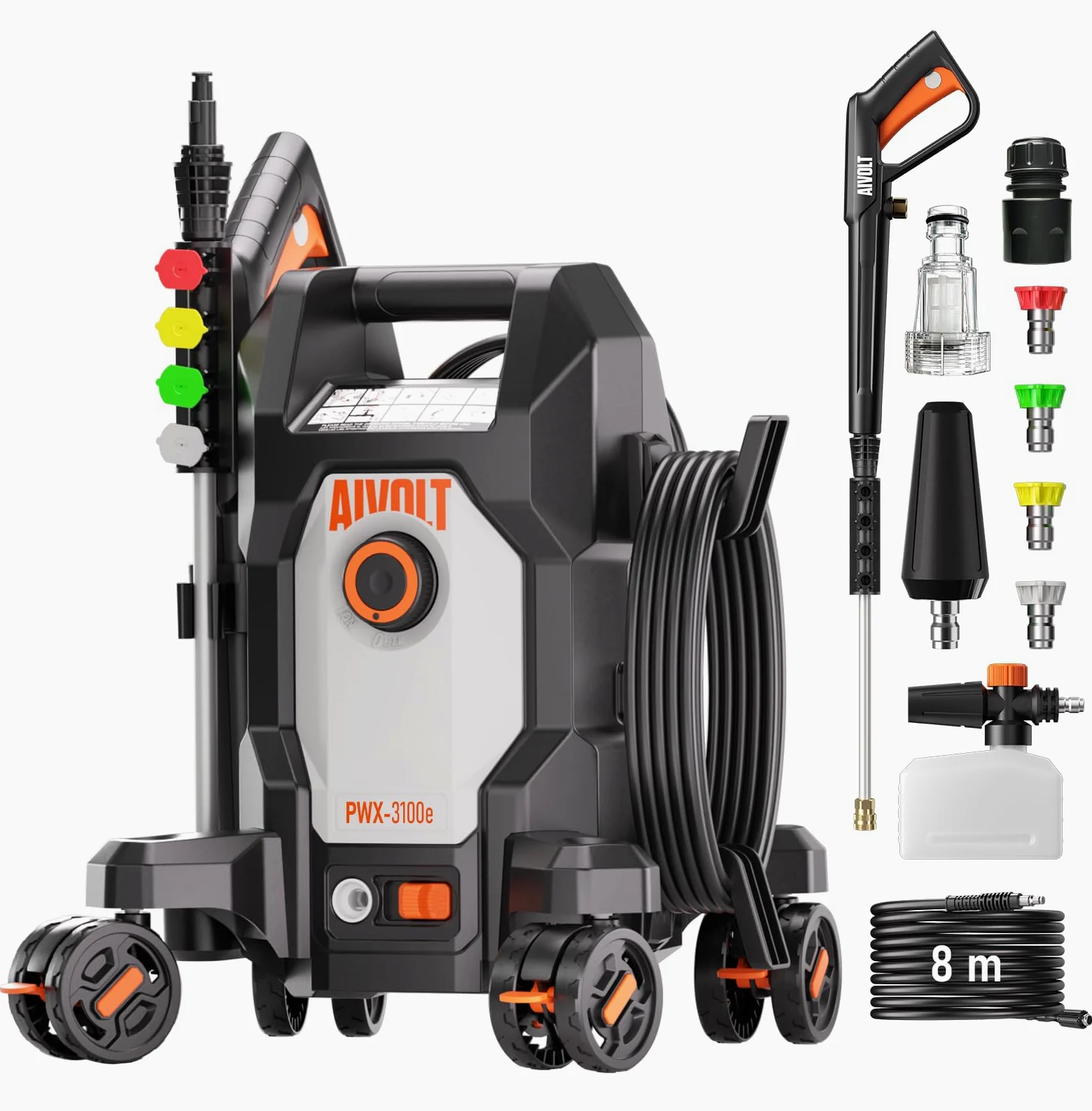 AIVOLT Nettoyeur Haute Pression 1800W, 170 Bars | avec 5 Buses à Modes Différents et Tuyau de 7,6 Mètres, Débit Maximal 360 L/H, pour Maison, Sols, Fenêtres, Voiture, etc.