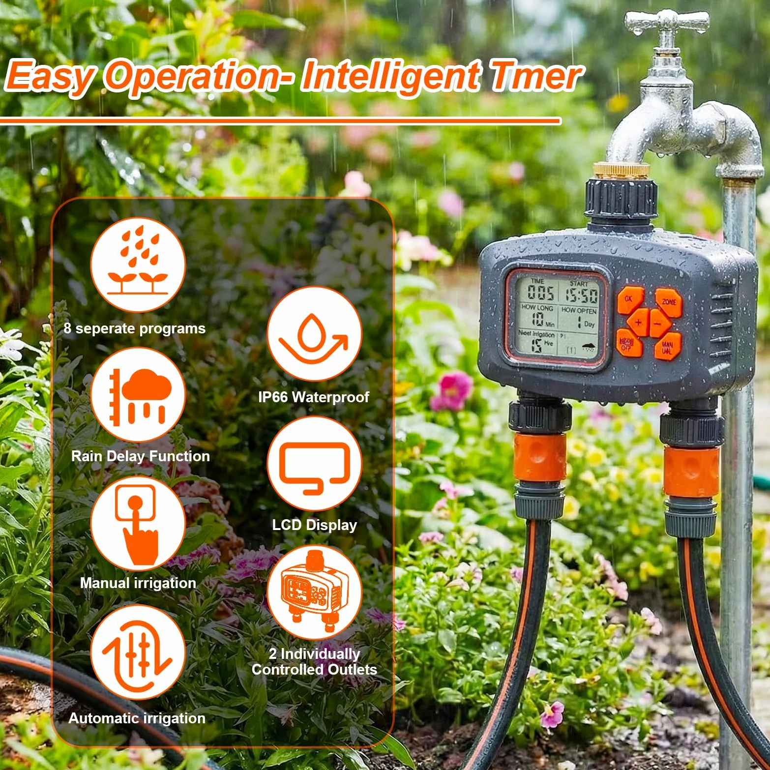 Système d'Irrigation Jardin 20M Tuyau avec Programmateur Arrosage Automatique 2 Voies, Minuterie d'arrosage Retard de Pluie, Kit Arrosage Micro Irrigation Goutte à Goutte pour Pelouse et Jardin