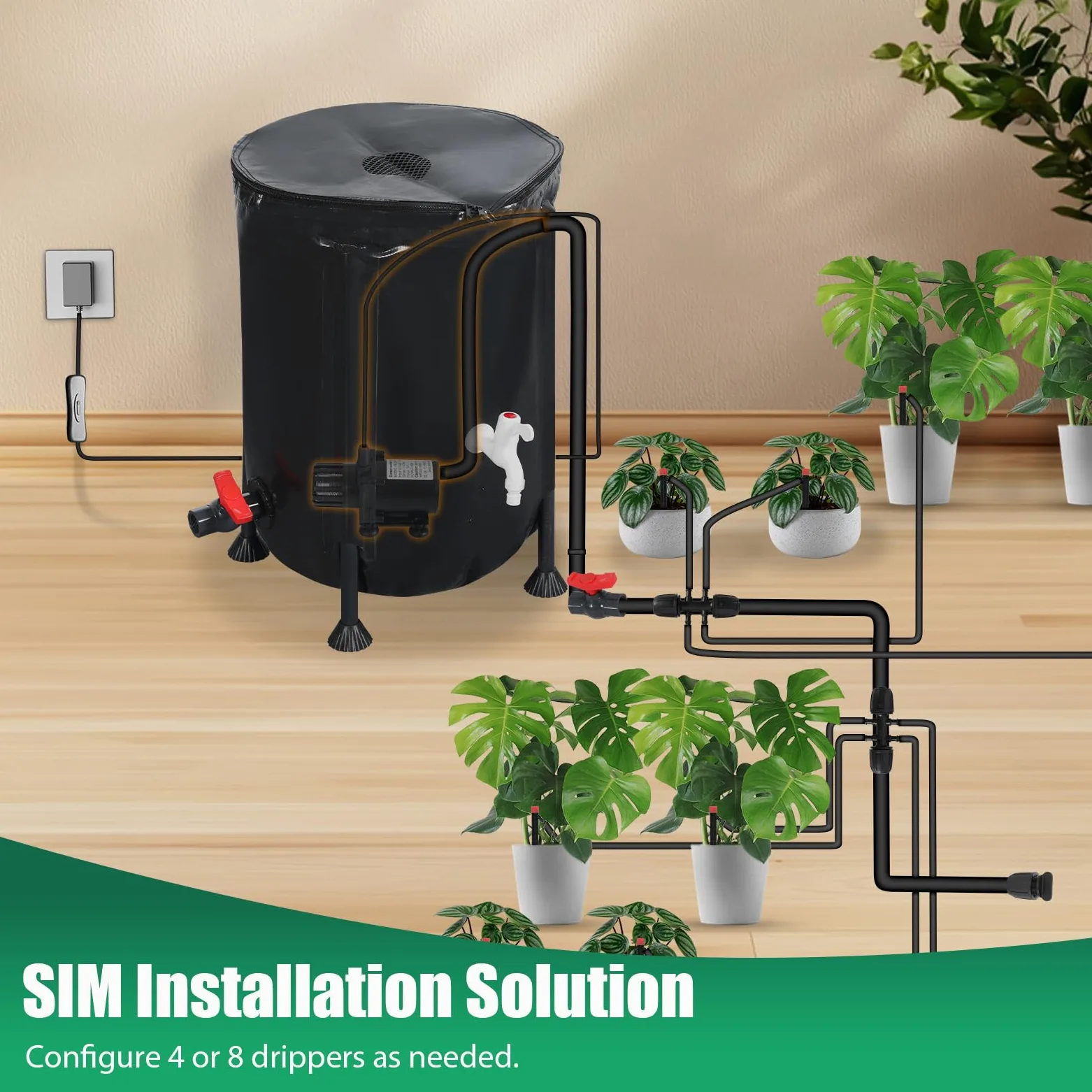Système d'arrosage automatique, 50 l, pompe à eau 25 W, capteur d'eau basse et 8 buses goutte-à-goutte, système d'arrosage de jardin pour intérieur, pelouse, serre, cour