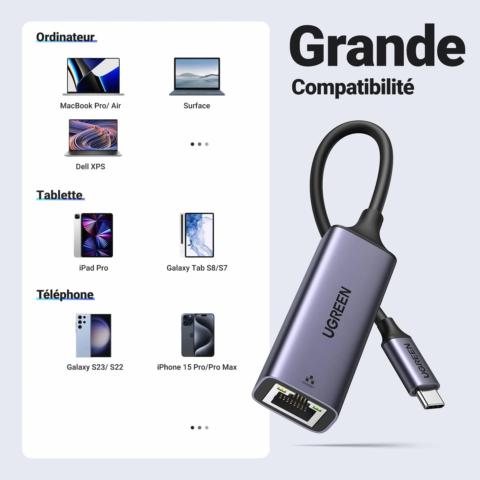 UGREEN Adaptateur USB C Ethernet Gigabit Thunderbolt vers RJ45 Réseau LAN 1Gbps Gris