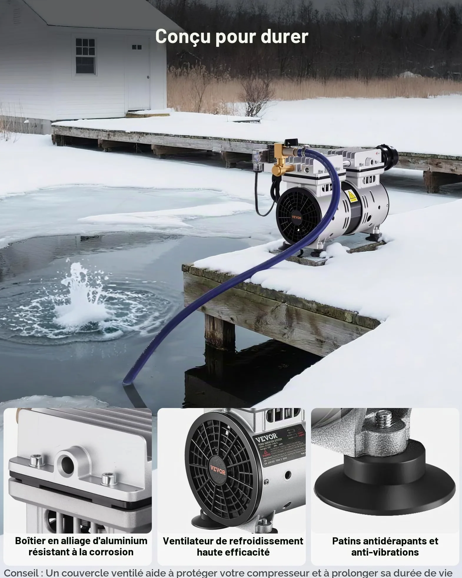 VEVOR Aérateur de Bassin, 550 W, kit système d'aération de lac, 5,2 CFM pour étangs jusqu'à 3 Acres Profondeur 15 m avec compresseur d'air, minuterie, vannes pour Circulation oxygène en Eau Profonde