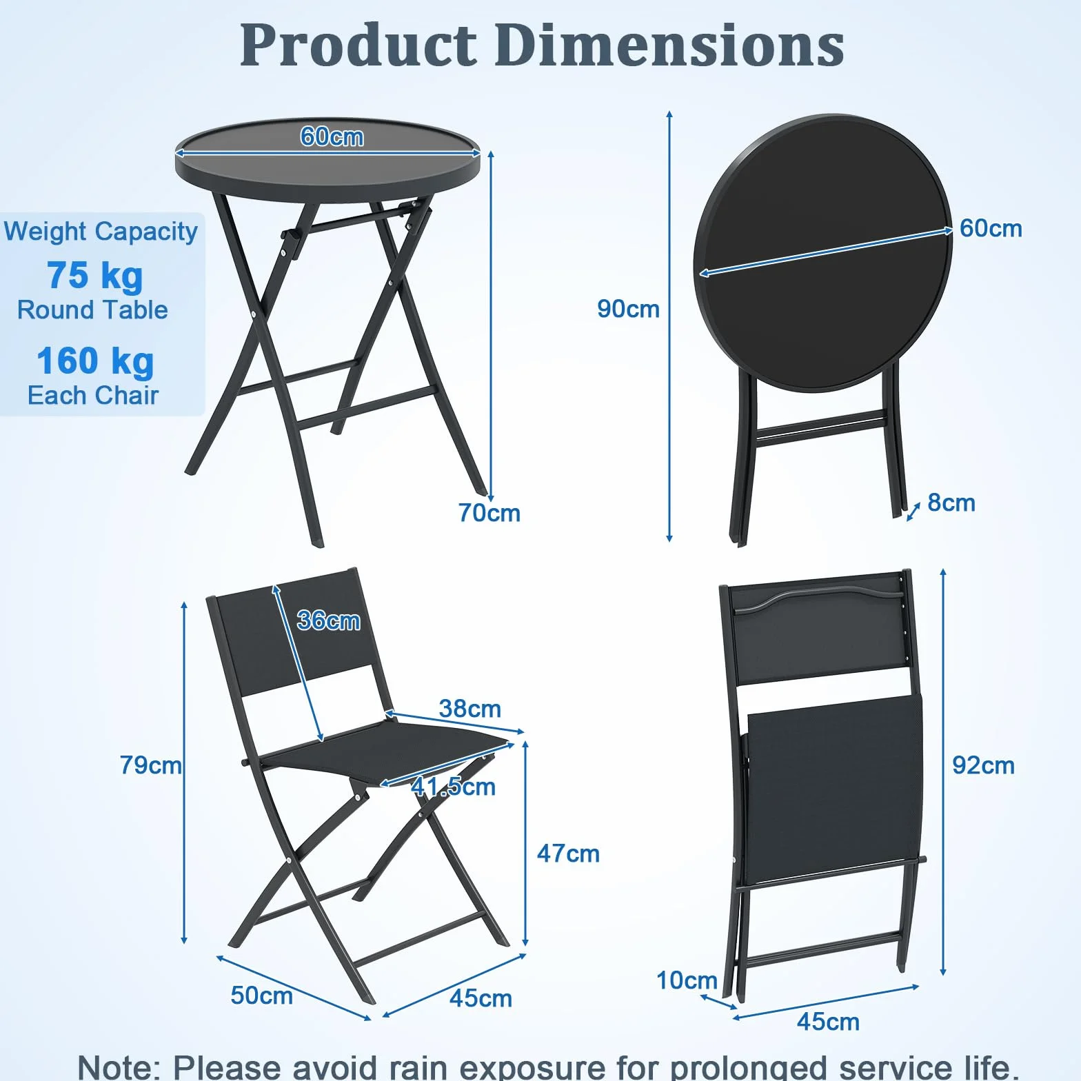 GIANTEX Ensemble Salon de Jardin 3 Pièces Table Ronde Pliante Verre Trempé 2 Chaise Pliantes Tissu Respirant Noir