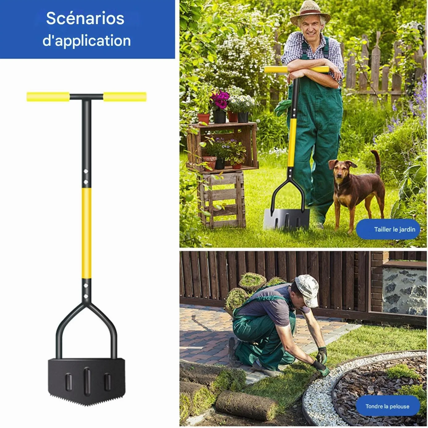 Délimitateur de Pelouse Outil Manuel de Bordure Crénelée pour Gazon | Manche Ergonomique Bêche Acier, Racloir pour Nettoyage Pelouse Massifs Escaliers Aménagement Extérieur