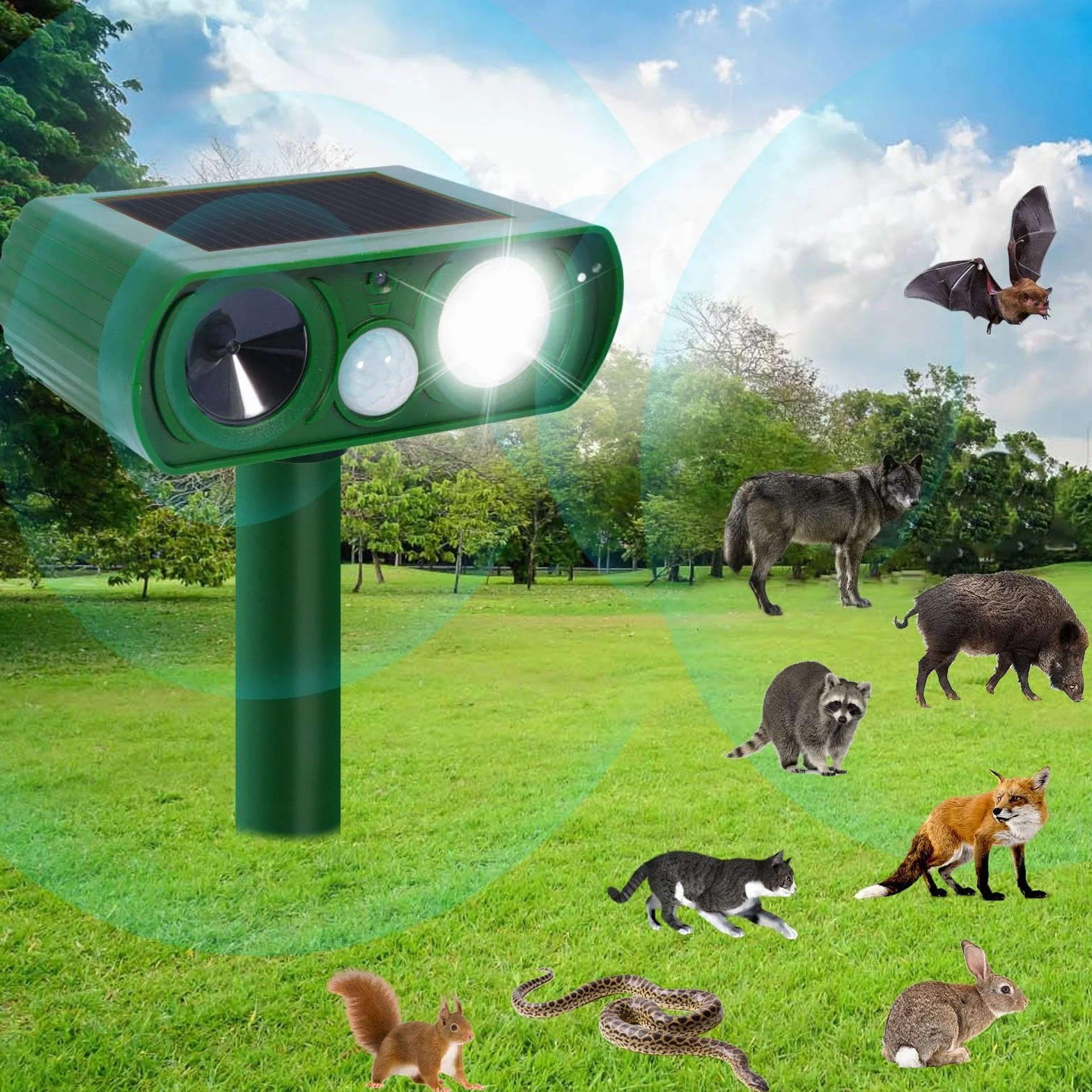 Répulsif Chat Ultrason Extérieur avec Détecteur de Mouvement Lumière LED Étanche pour Jardin Chien Écureuil Renard 510B