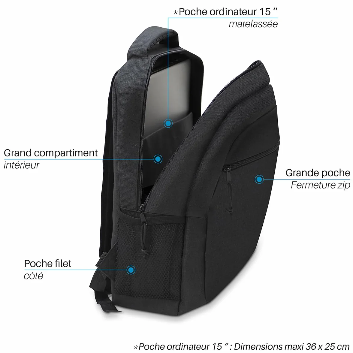 Waytex Sac à dos PC 15" 2 poches zippées Noir