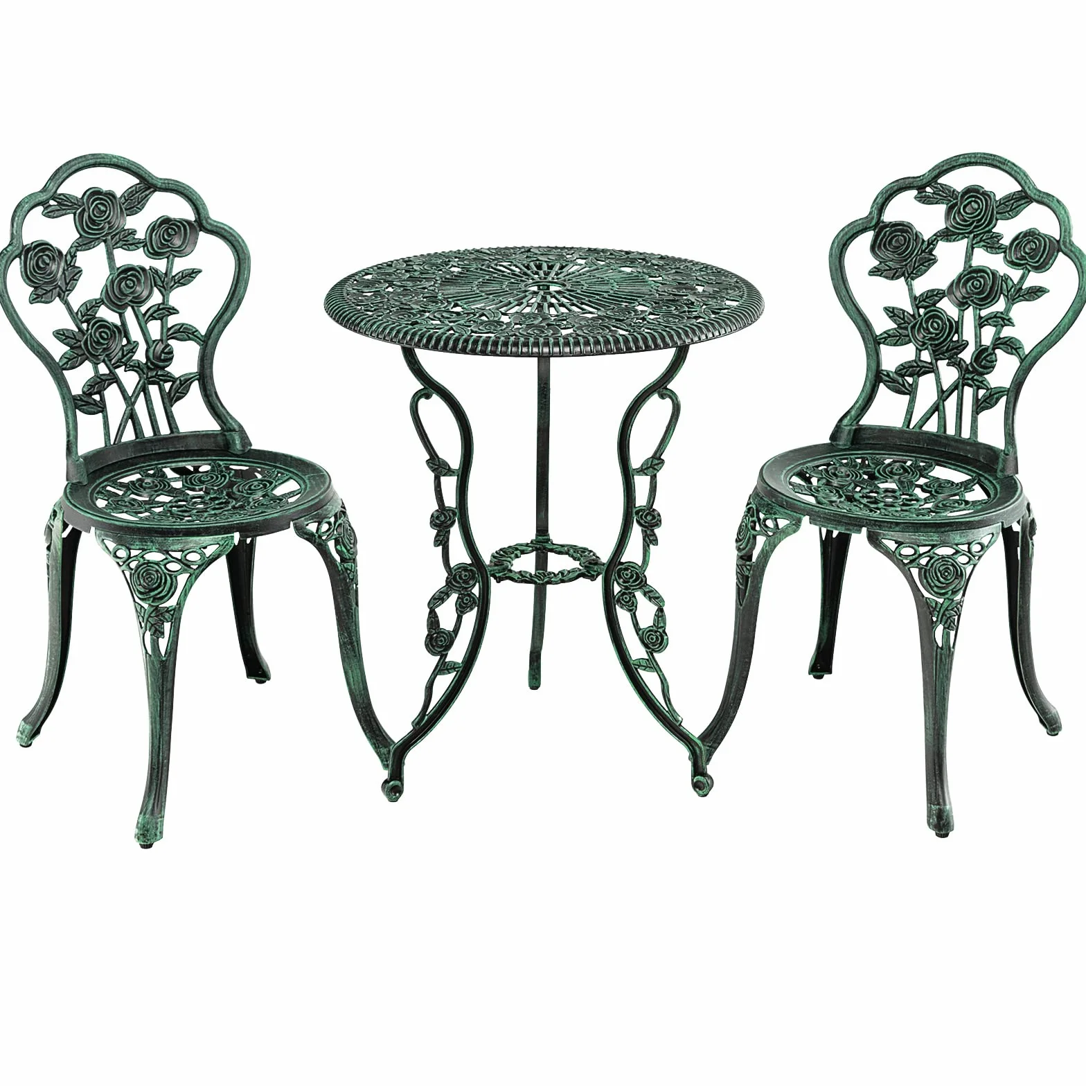 Salon de Jardin 2 Personnes Fonte Aluminium Table Extérieure avec 2 Chaises Trou Parasol Motif Rose Vert