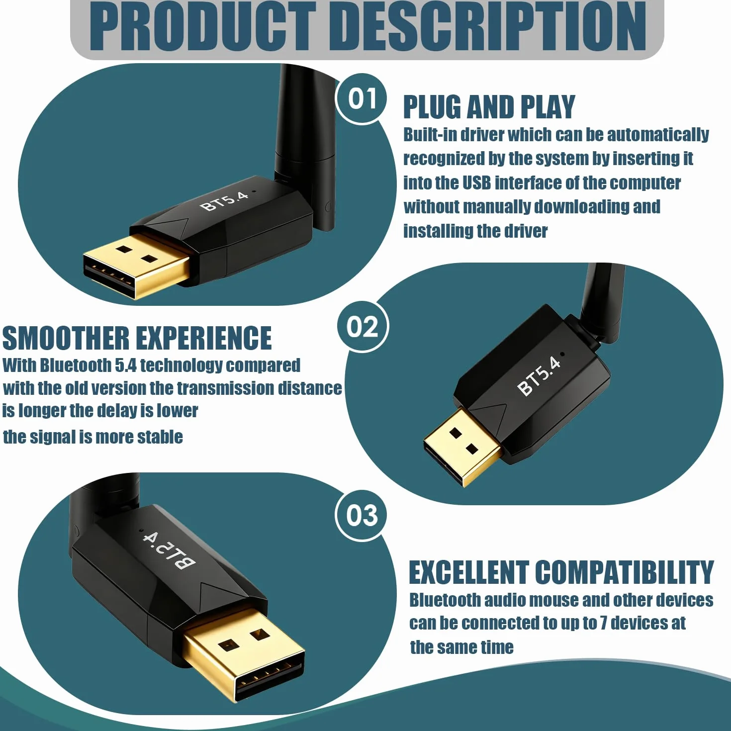 Clé USB Bluetooth 5.4 pour PC, Portée 150 Mètres, Compatible Windows 11/10/8.1, 7 Appareils