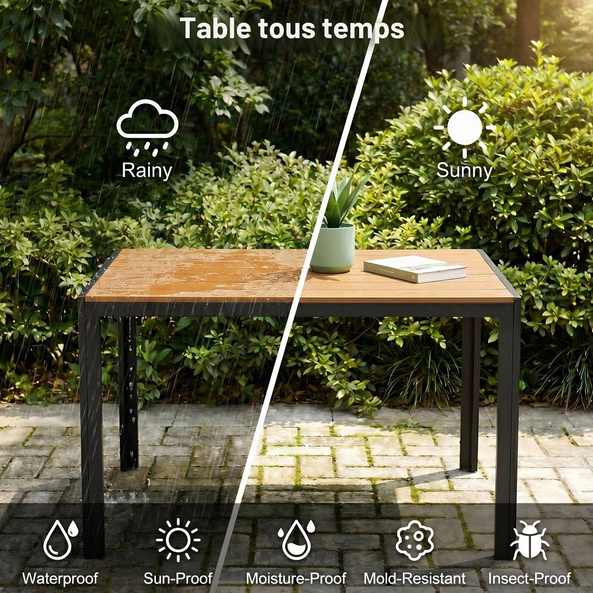 LIFERUN Table de Jardin 110x70 cm WPC pour 4-6 Personnes avec Cadre en Aluminium Brun Teck