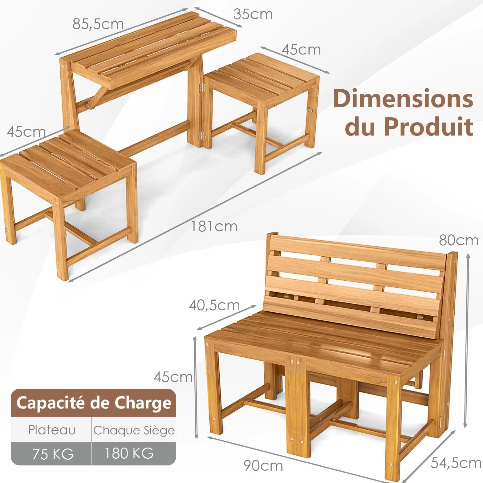 COSTWAY Salon de Jardin 3 en 1 Banc 2 Places Table Rectangulaire Chaises Extérieur Bois d'Acacia Dossiers Inclinés Siège à Lattes