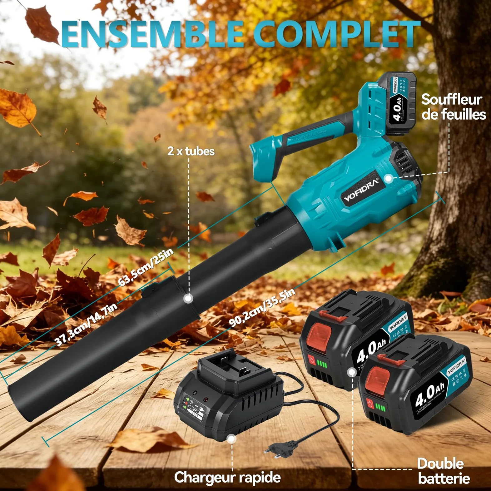 Yofidra Souffleur de Feuilles sans Fil, 400 km/h, 6 Vitesses | 25000 TR/Min Motor sans Balais, 2 × 4.0Ah Batteries, Souffleur sur Batterie pour Jardin, Feuilles, Poussière et Neige