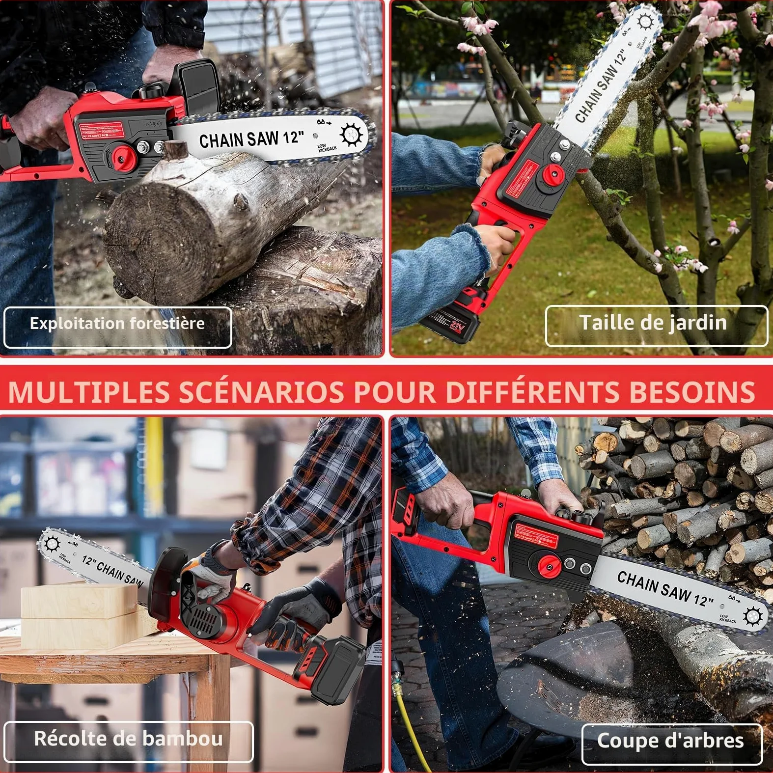 Brushless Mini Tronconneuse a Batterie 12 Pouces, 6000mAh Tronçonneuse Électrique Sans Fil Portable et 2 * 3000mAh Batteries,Lubrification Automatique pour la Coupe Du Bois, Les Branches D'arbres. (S)