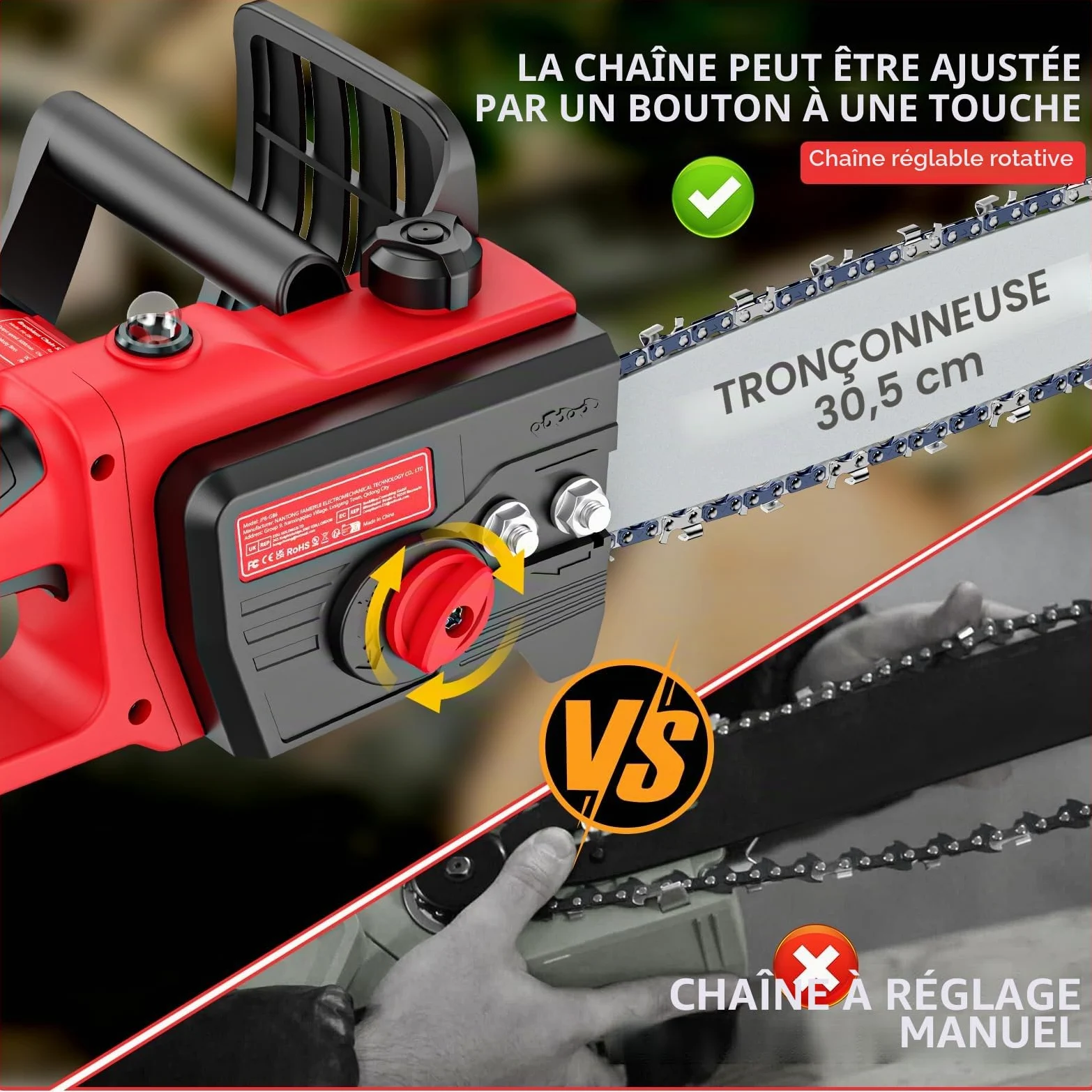 Brushless Mini Tronconneuse a Batterie 12 Pouces, 6000mAh Tronçonneuse Électrique Sans Fil Portable et 2 * 3000mAh Batteries,Lubrification Automatique pour la Coupe Du Bois, Les Branches D'arbres. (S)