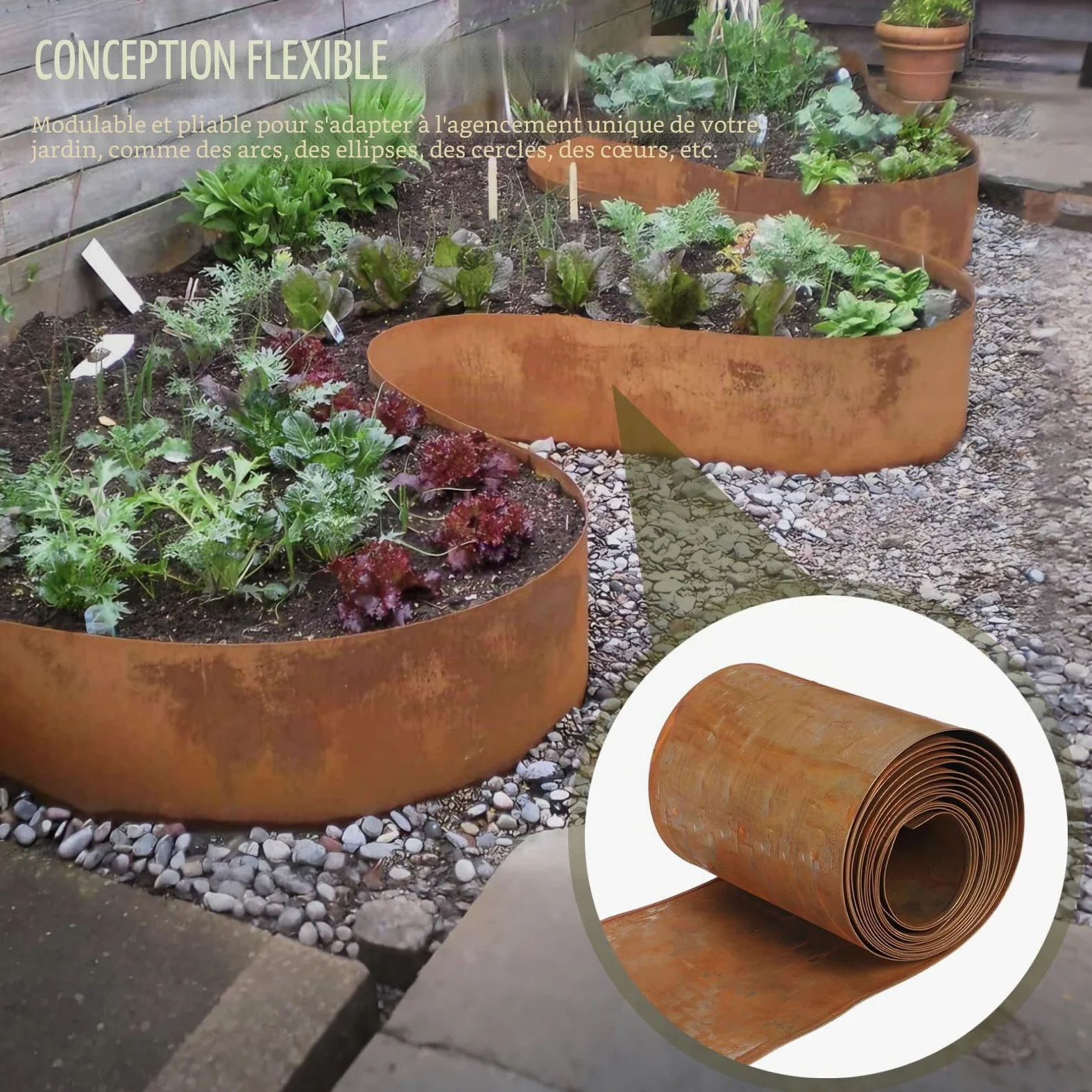 Bordure de pelouse en acier Corten 5 m x 20 cm - Bordure de parterre en métal aspect rouille - Bordure de pelouse flexible - Avec 1 paire de gants - Pour délimiter les parterres de fleurs, les allées