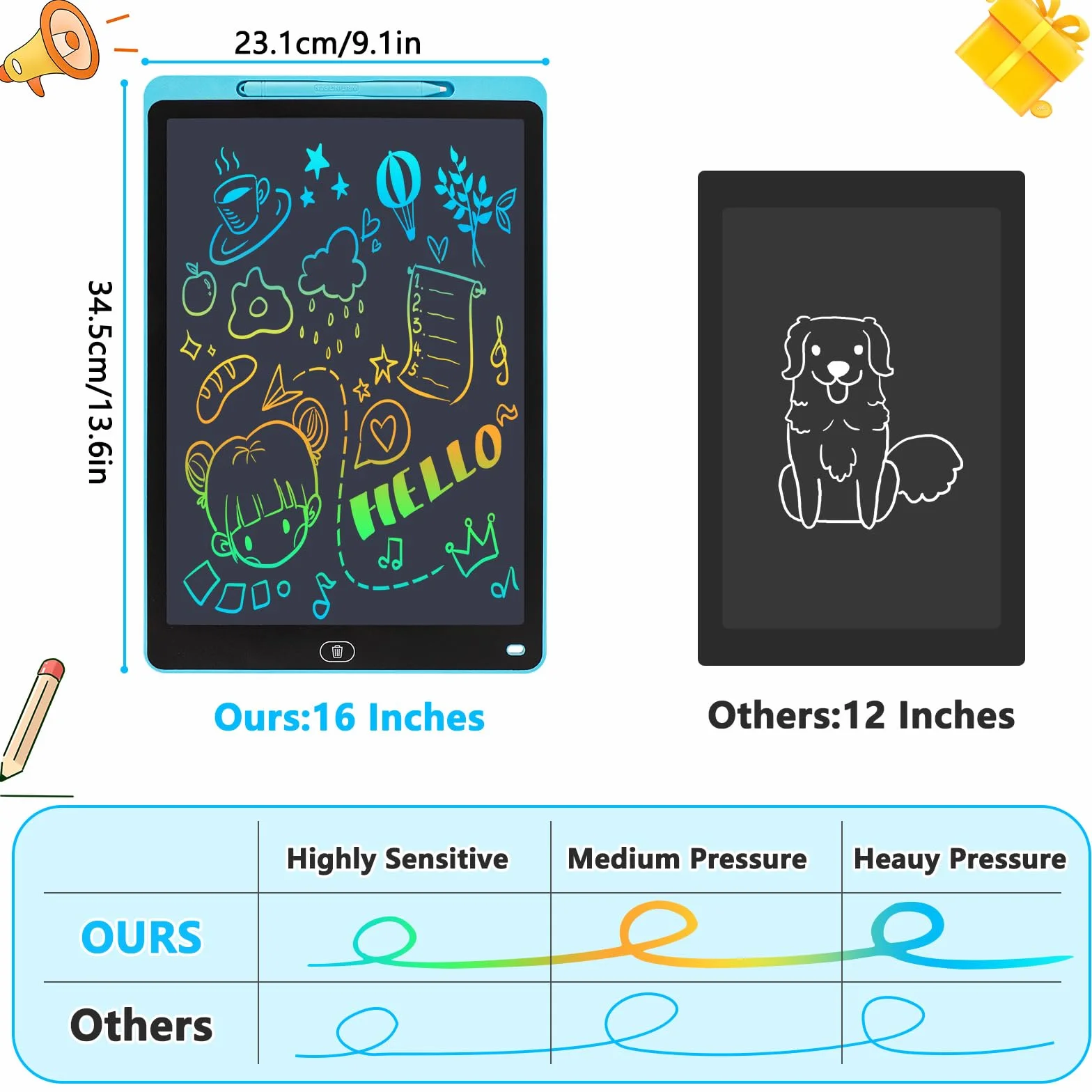 Tablette Dessin Enfant 16 Pouces Ardoise Magique LCD Colorée avec Verrouillage et Effacement Jouet Éducatif Filles Garçons 3-12 ans Bleu