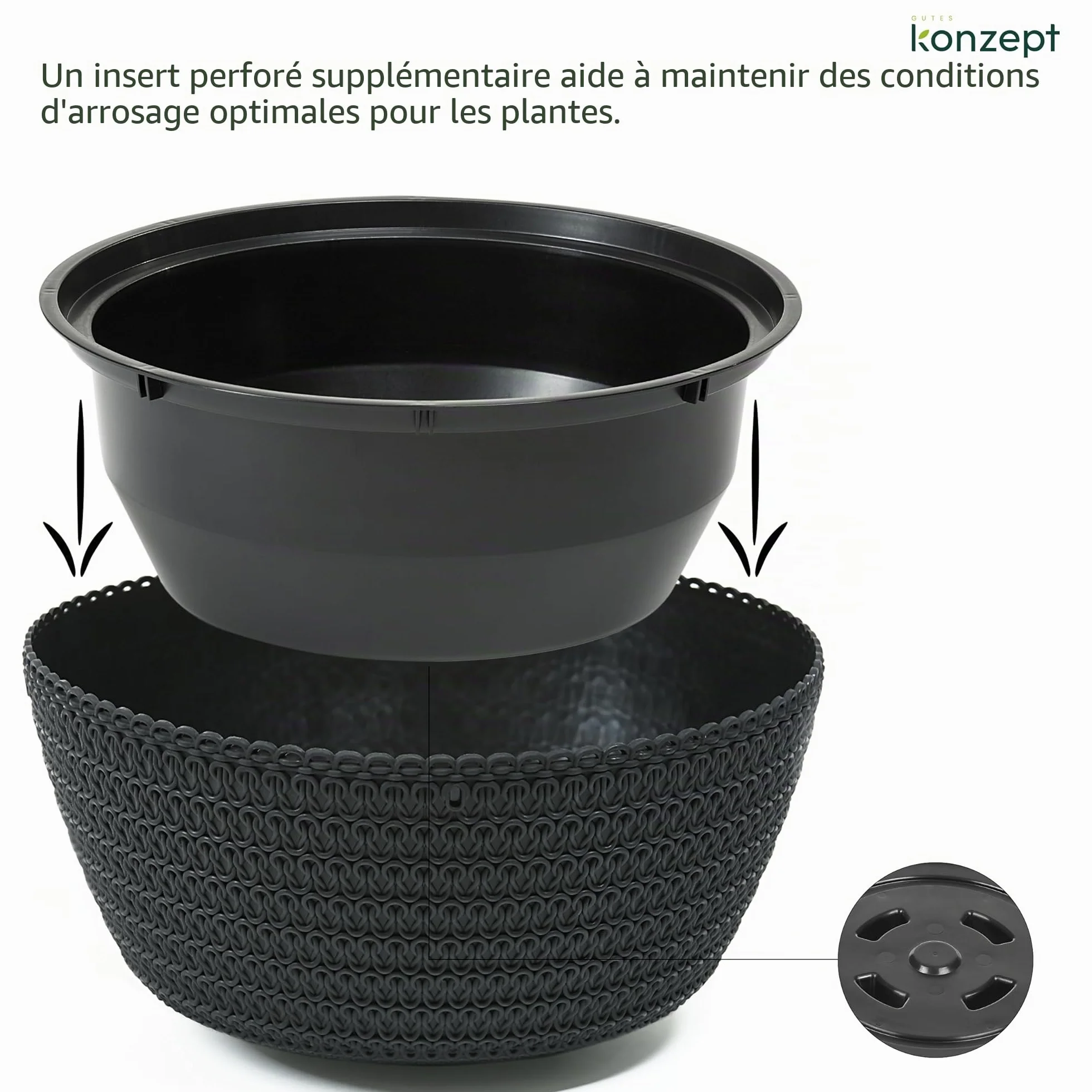 KONZEPT Pot de fleurs suspendu 30 cm Anthracite Motif tressé